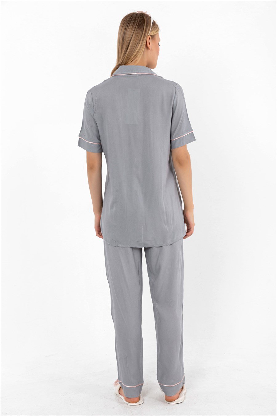 Effortt 28069 Gri Önden Düğmeli Hamile Lohusa Pijama Takımı