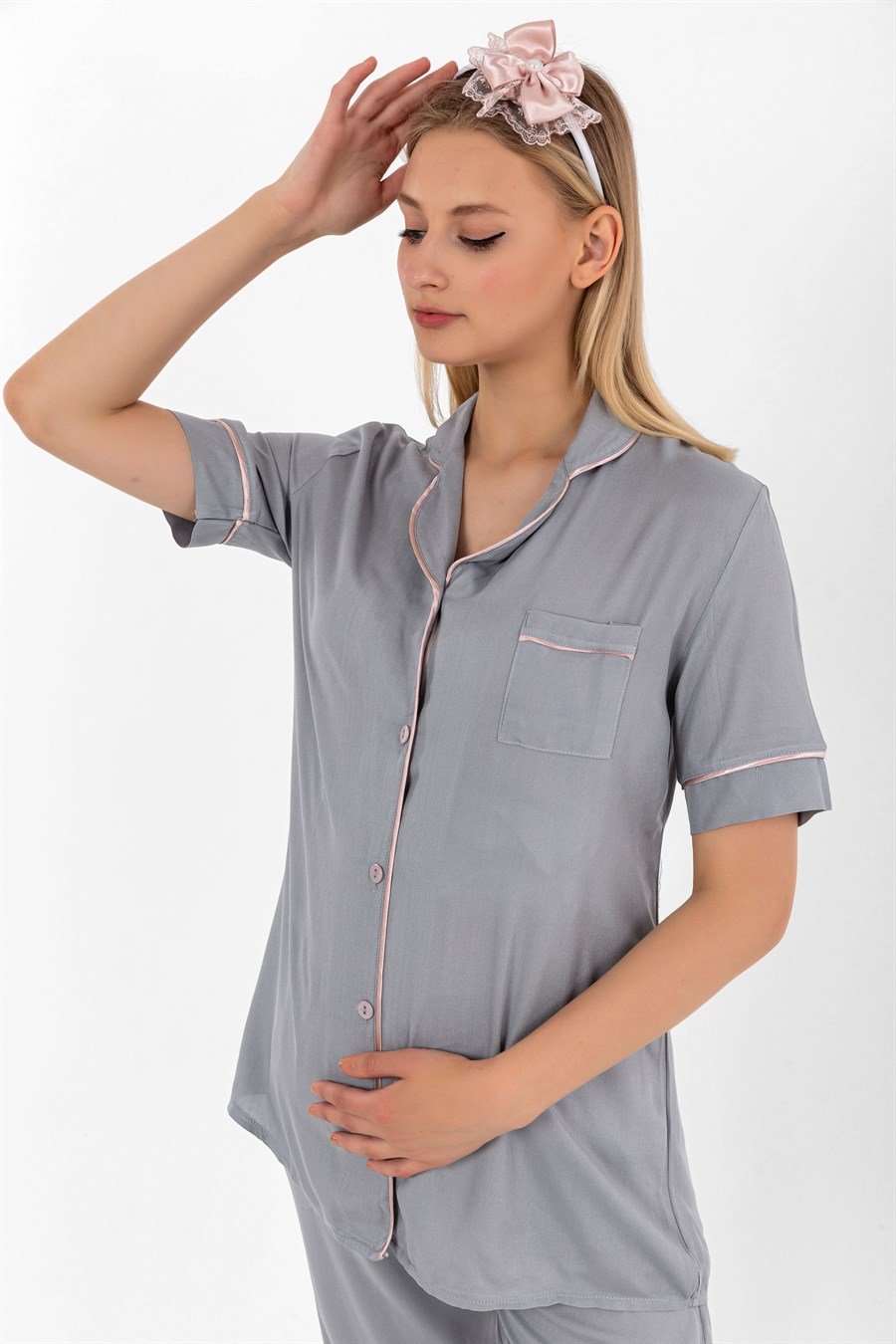 Effortt 28069 Gri Önden Düğmeli Hamile Lohusa Pijama Takımı