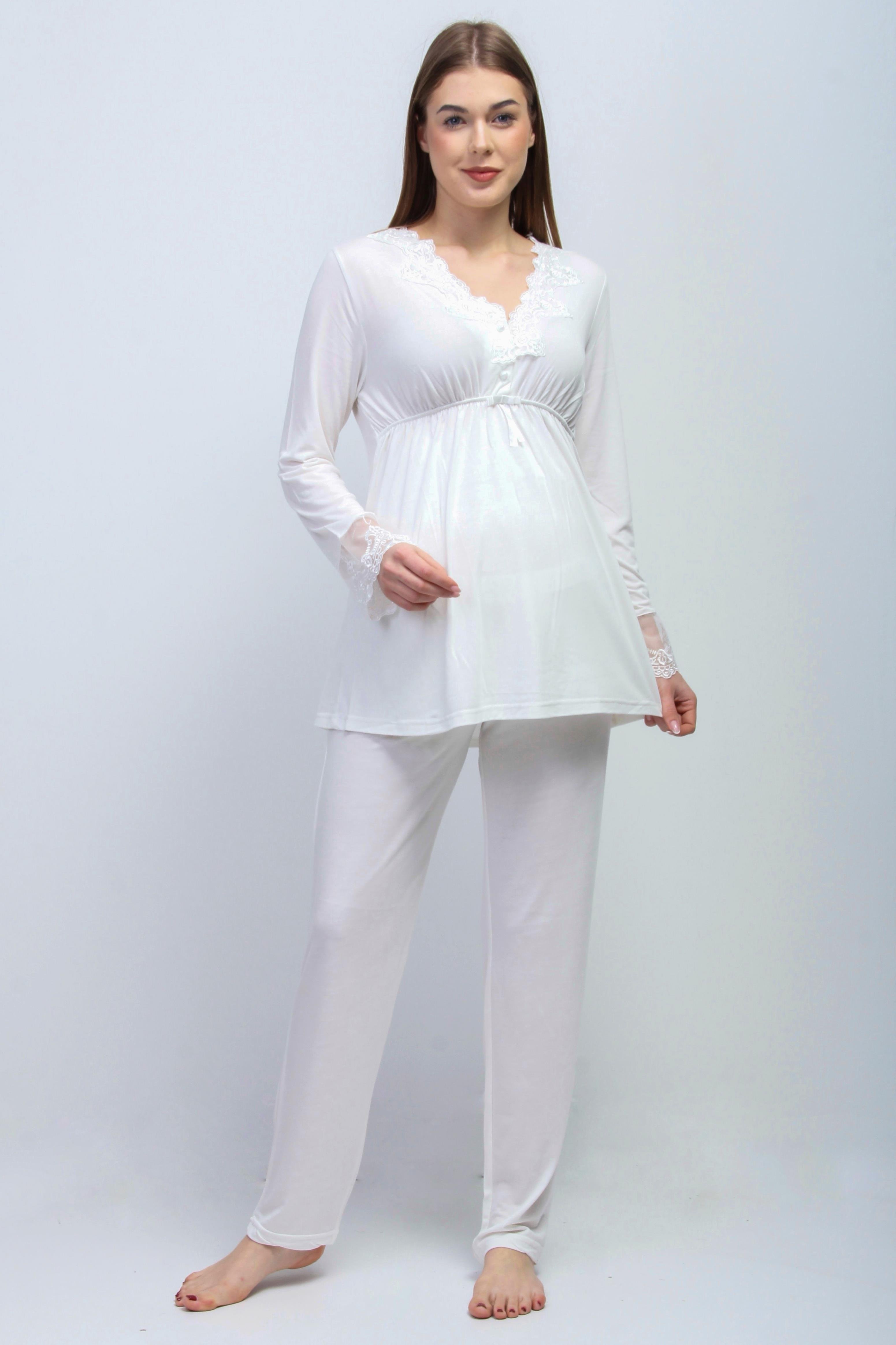 Effortt 28094 Ekru Tesettürlü Sabahlıklı Lohusa Pijama Takımı