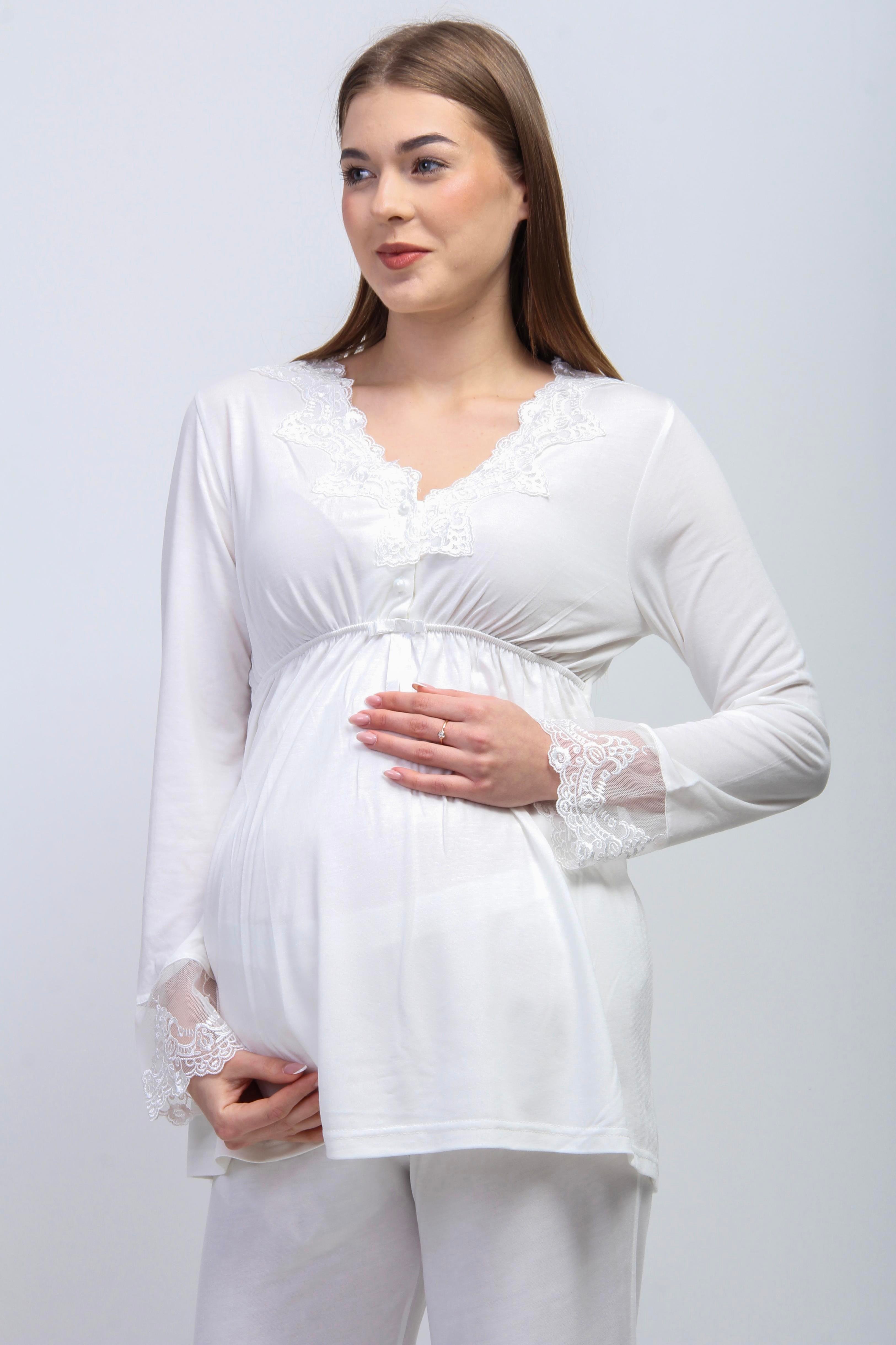 Effortt 28094 Ekru Tesettürlü Sabahlıklı Lohusa Pijama Takımı