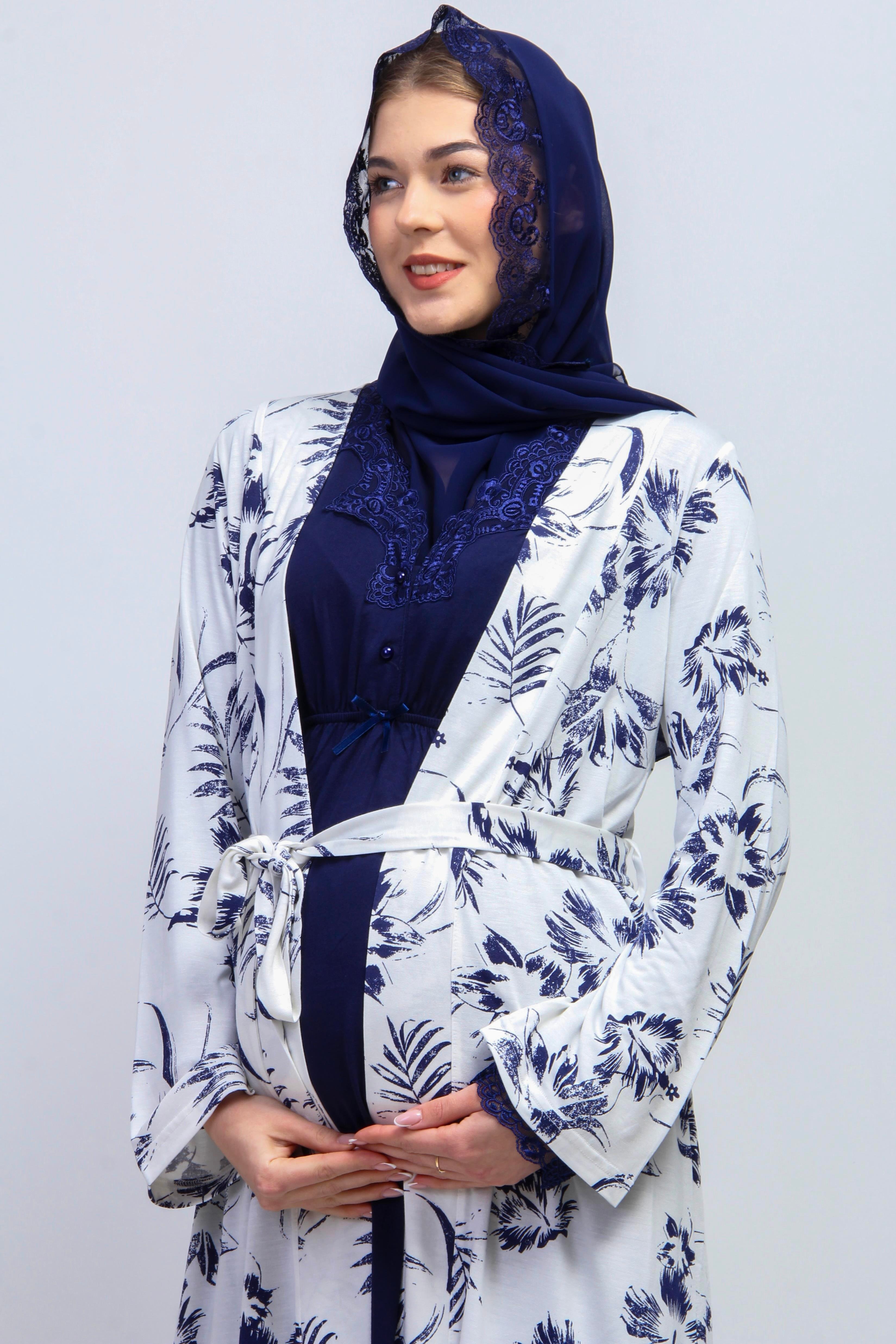 Effortt 28094 Lacivert Tesettürlü Sabahlıklı Lohusa Pijama Takımı