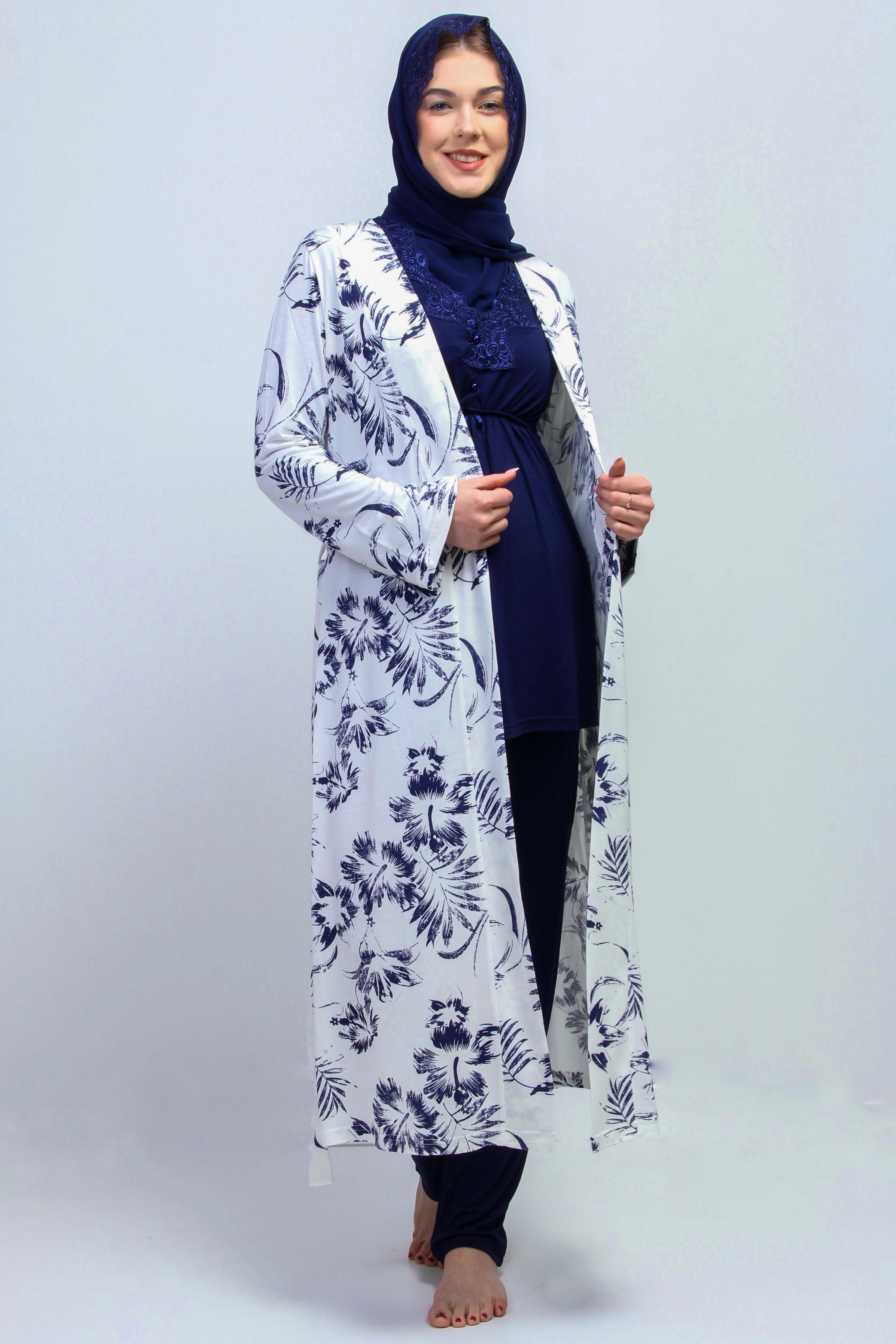 Effortt 28094 Lacivert Tesettürlü Sabahlıklı Lohusa Pijama Takımı