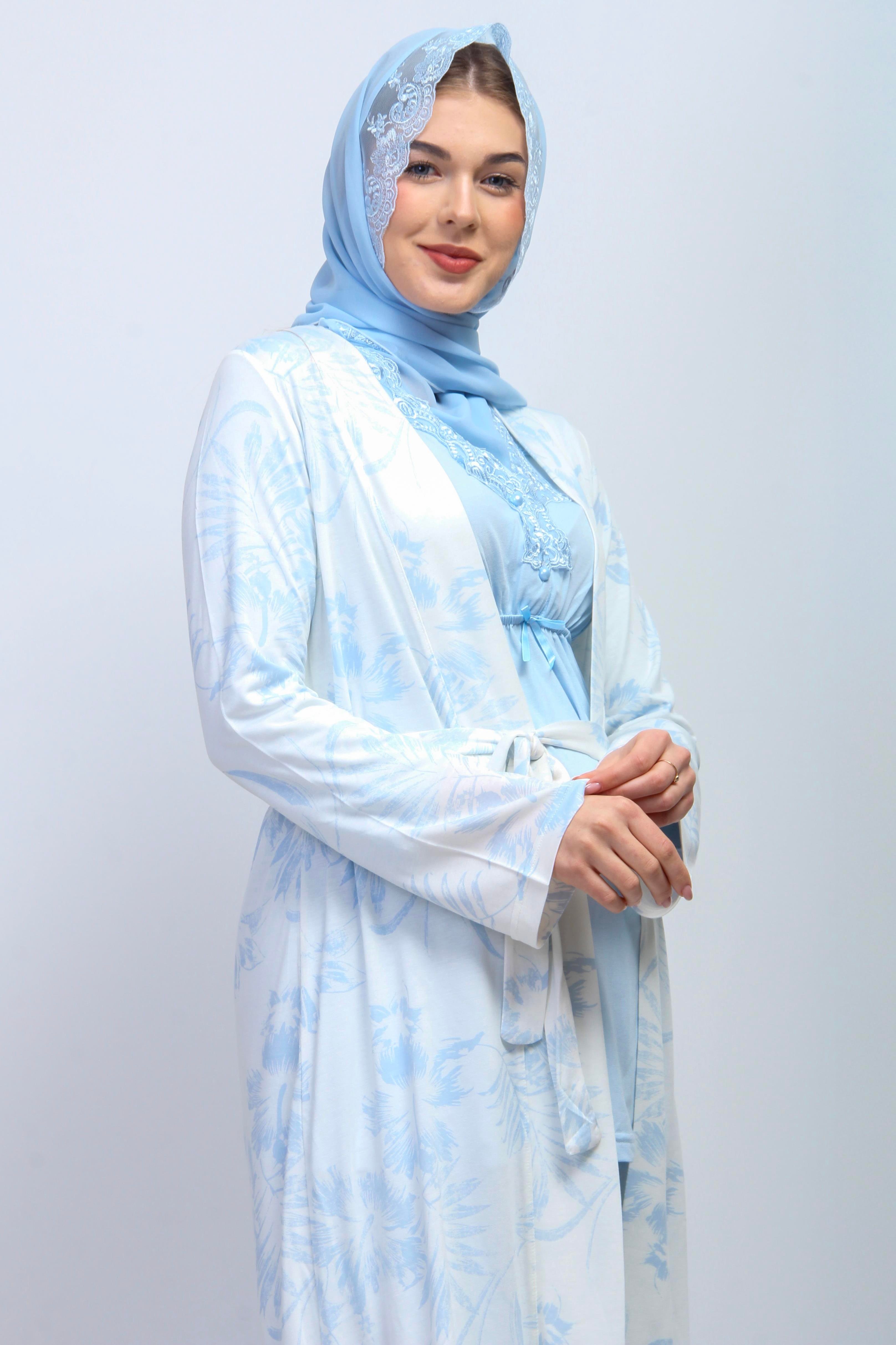 Effortt 28094 Mavi Tesettürlü Sabahlıklı Lohusa Pijama Takımı