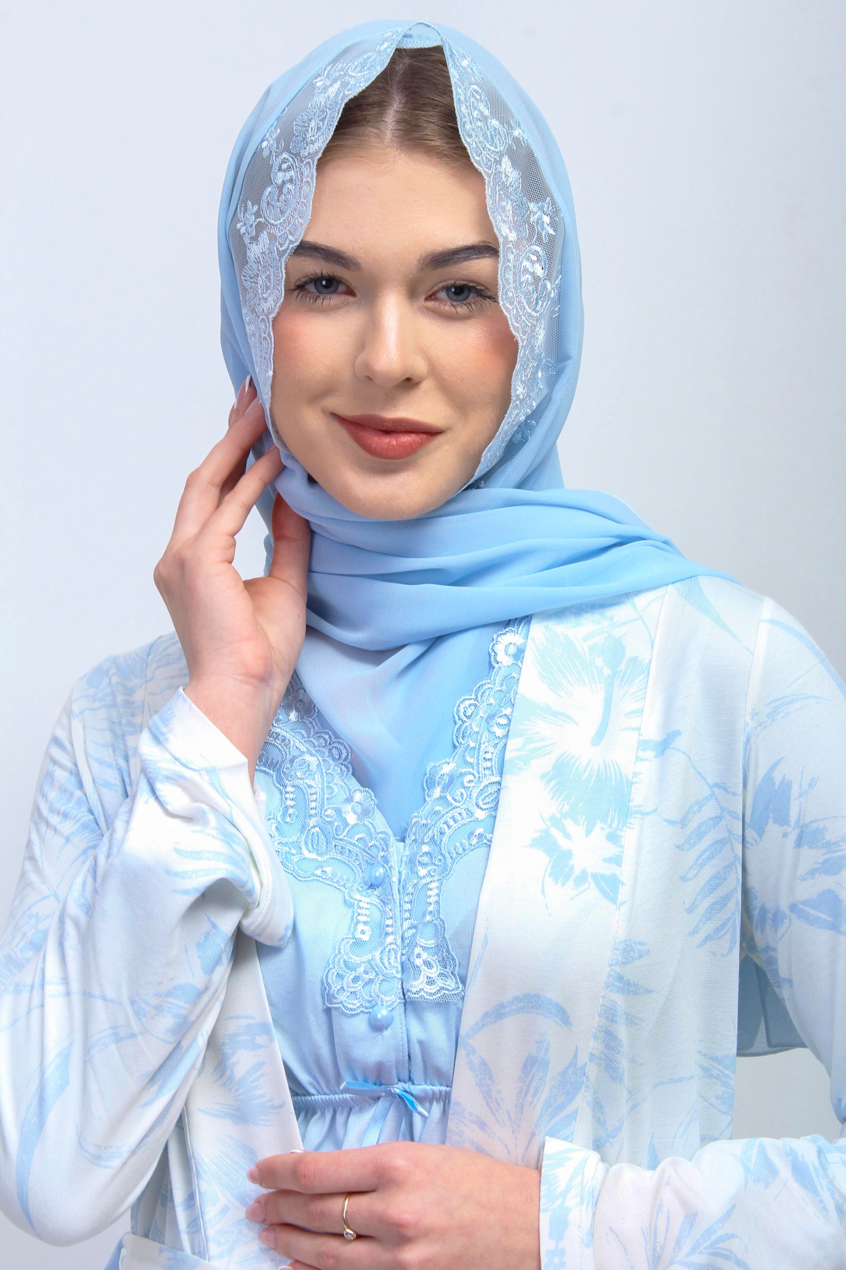 Effortt 28094 Mavi Tesettürlü Sabahlıklı Lohusa Pijama Takımı