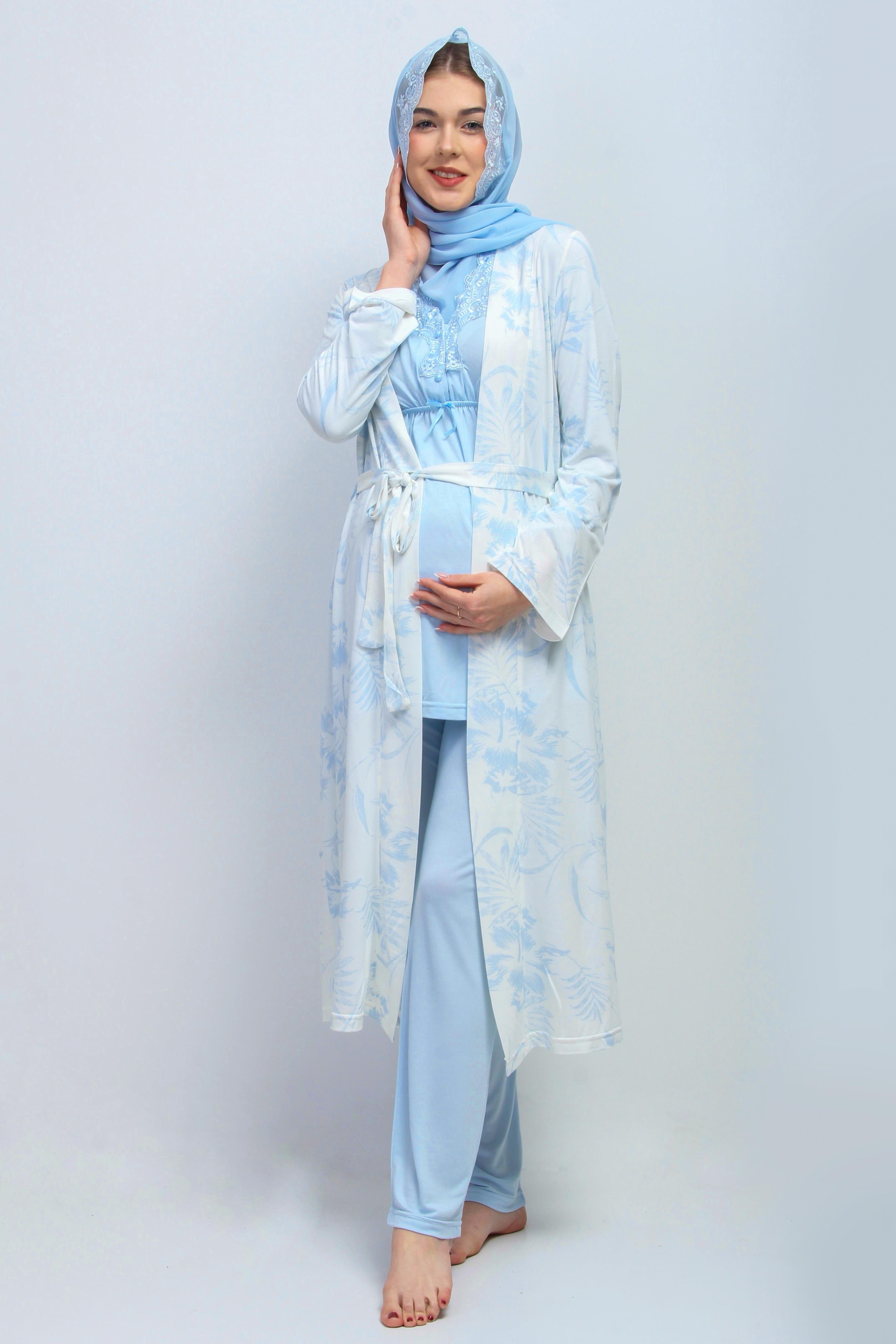 Effortt 28094 Mavi Tesettürlü Sabahlıklı Lohusa Pijama Takımı