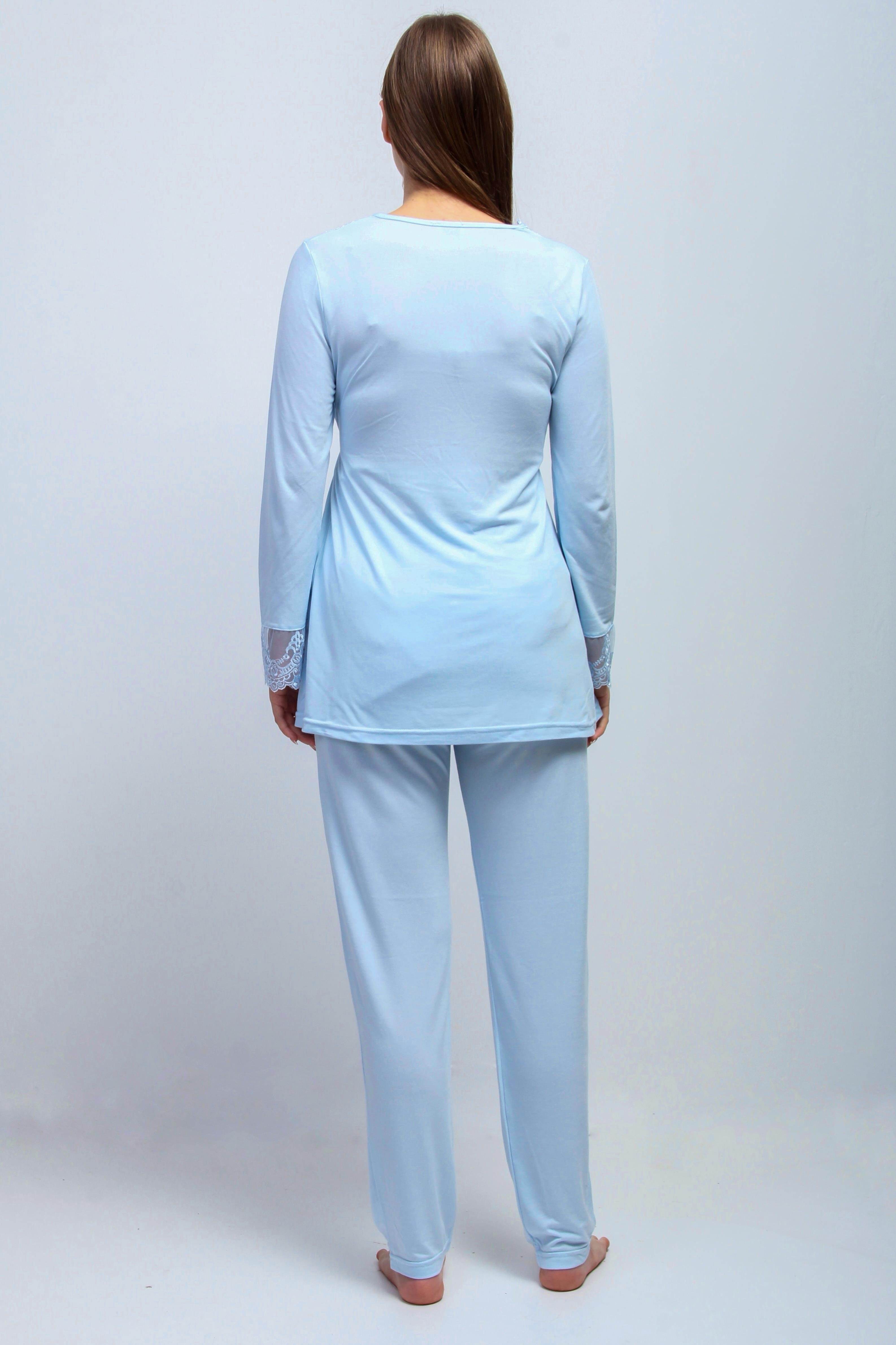 Effortt 28094 Mavi Tesettürlü Sabahlıklı Lohusa Pijama Takımı