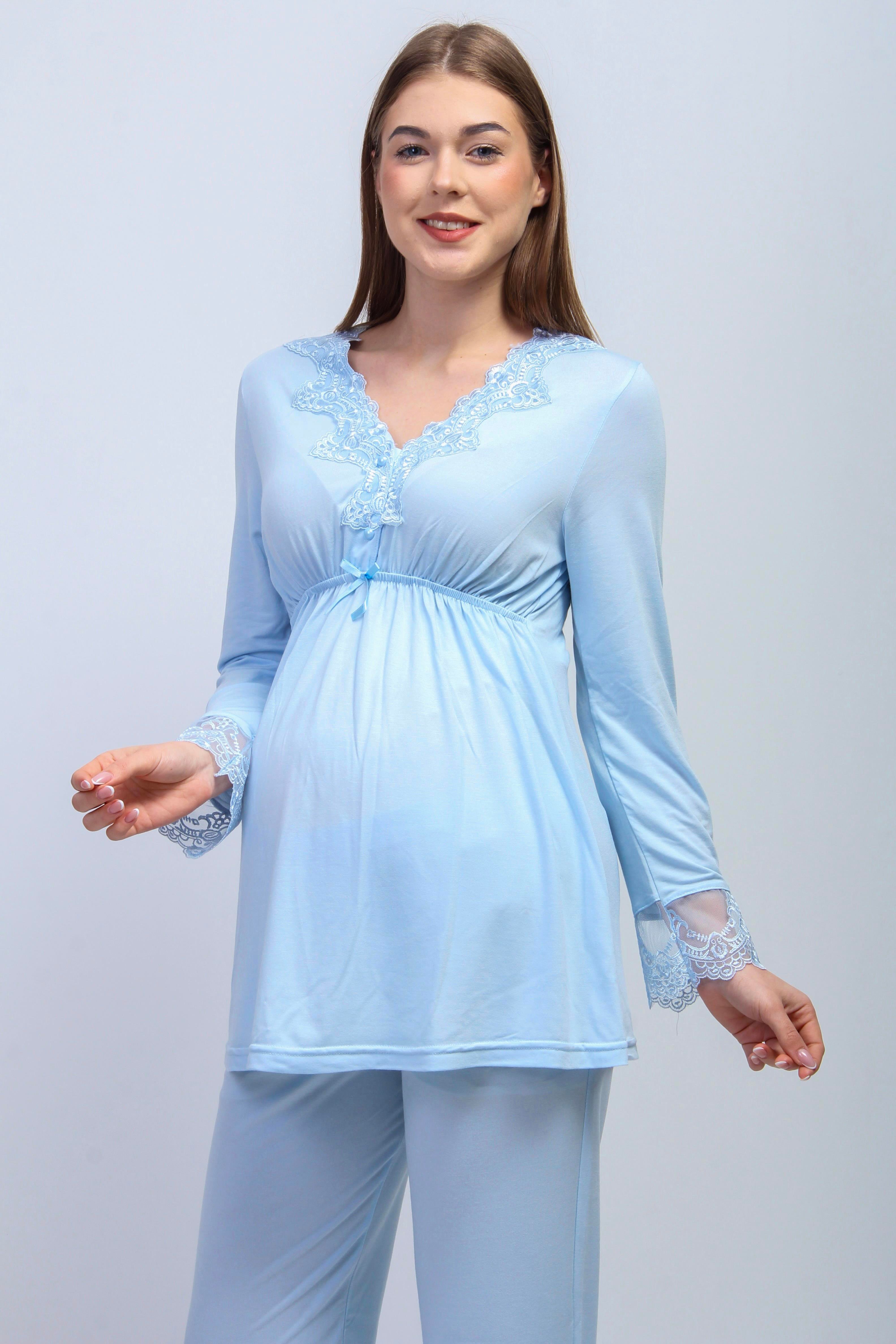 Effortt 28094 Mavi Tesettürlü Sabahlıklı Lohusa Pijama Takımı