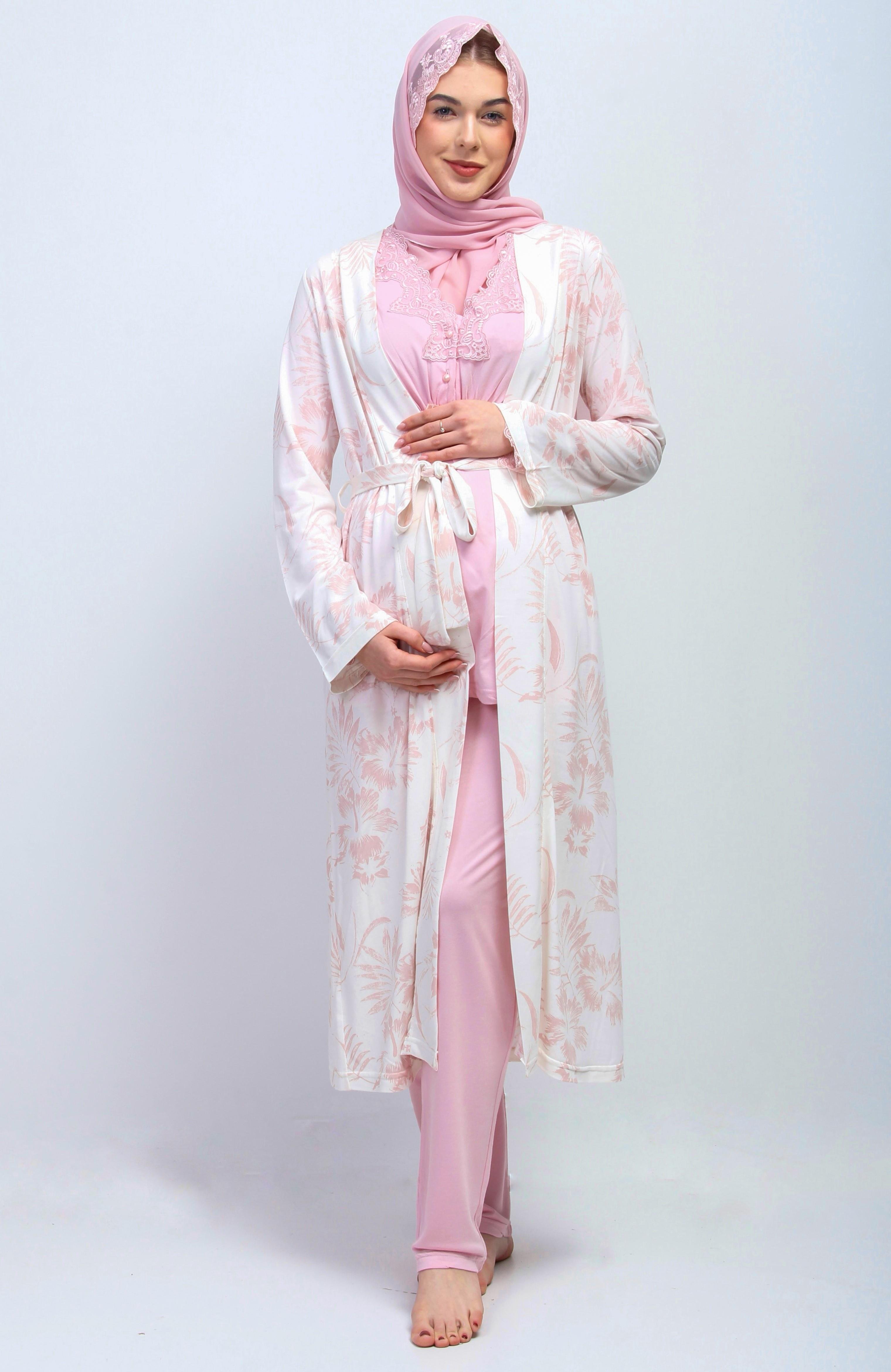Effortt 28094 Pembe Tesettürlü Sabahlıklı Lohusa Pijama Takımı