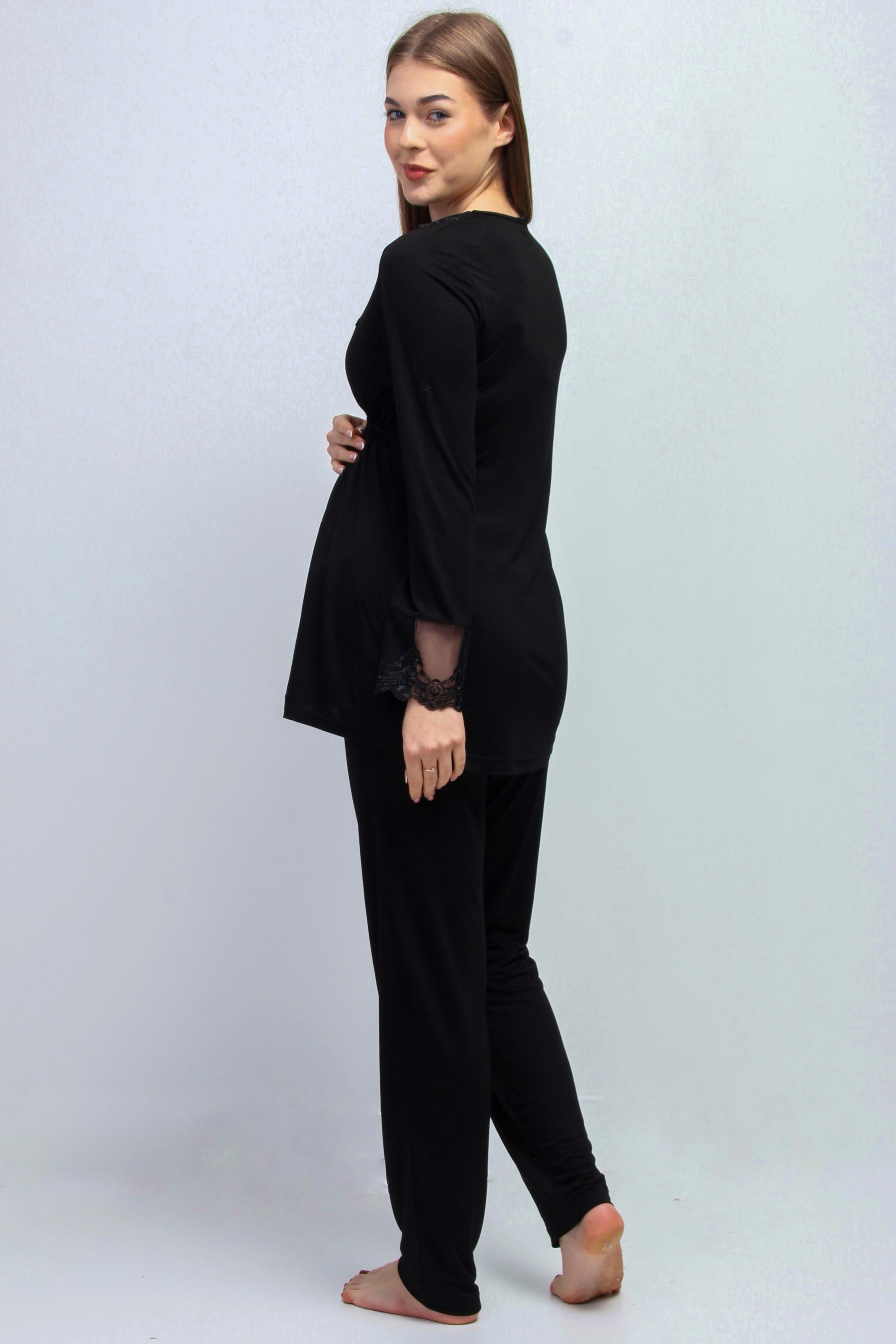 Effortt 28094 Siyah Tesettürlü Sabahlıklı Lohusa Pijama Takımı