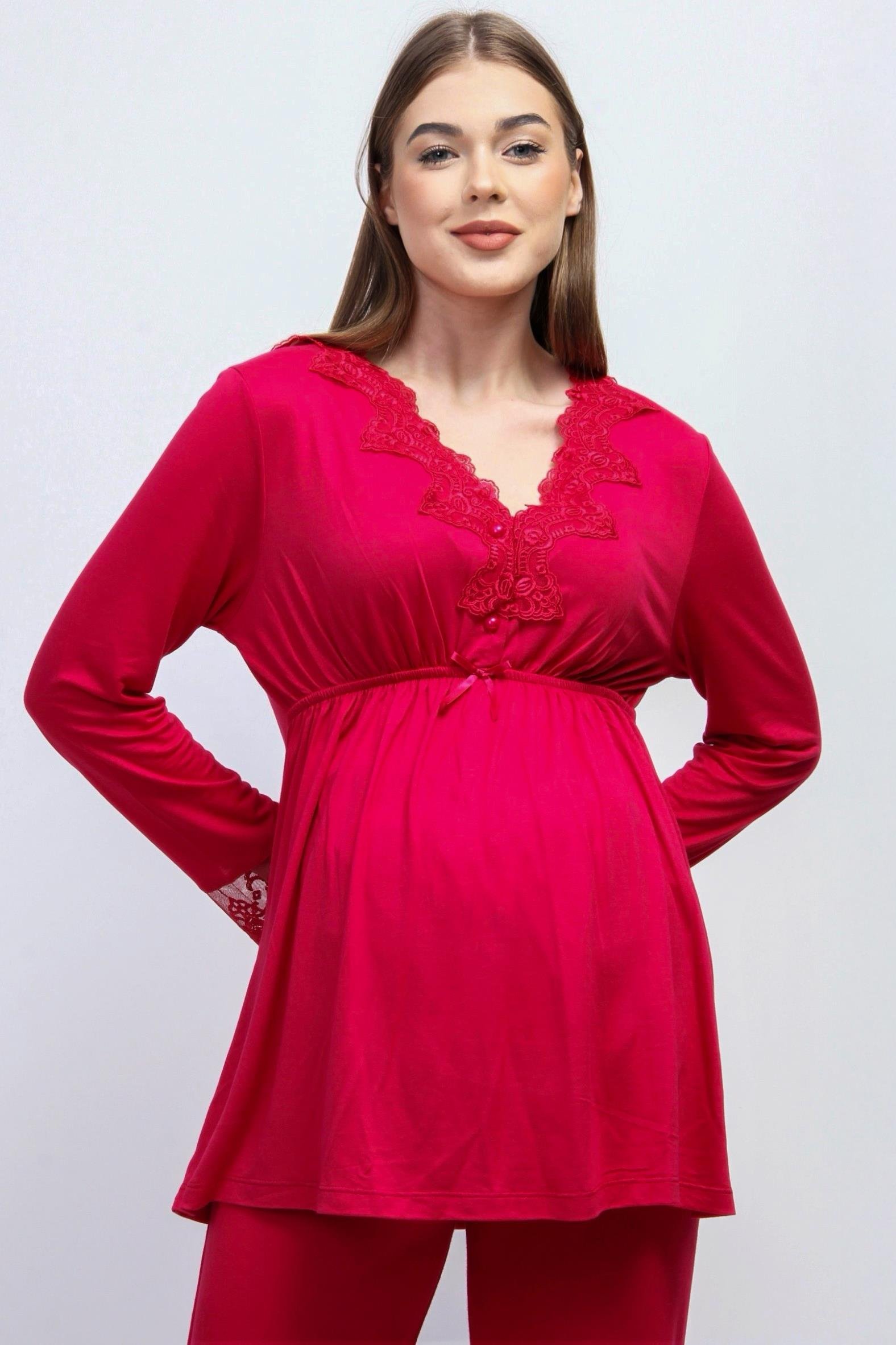 Effortt 28094 Vişne Tesettürlü Sabahlıklı Lohusa Pijama Takımı