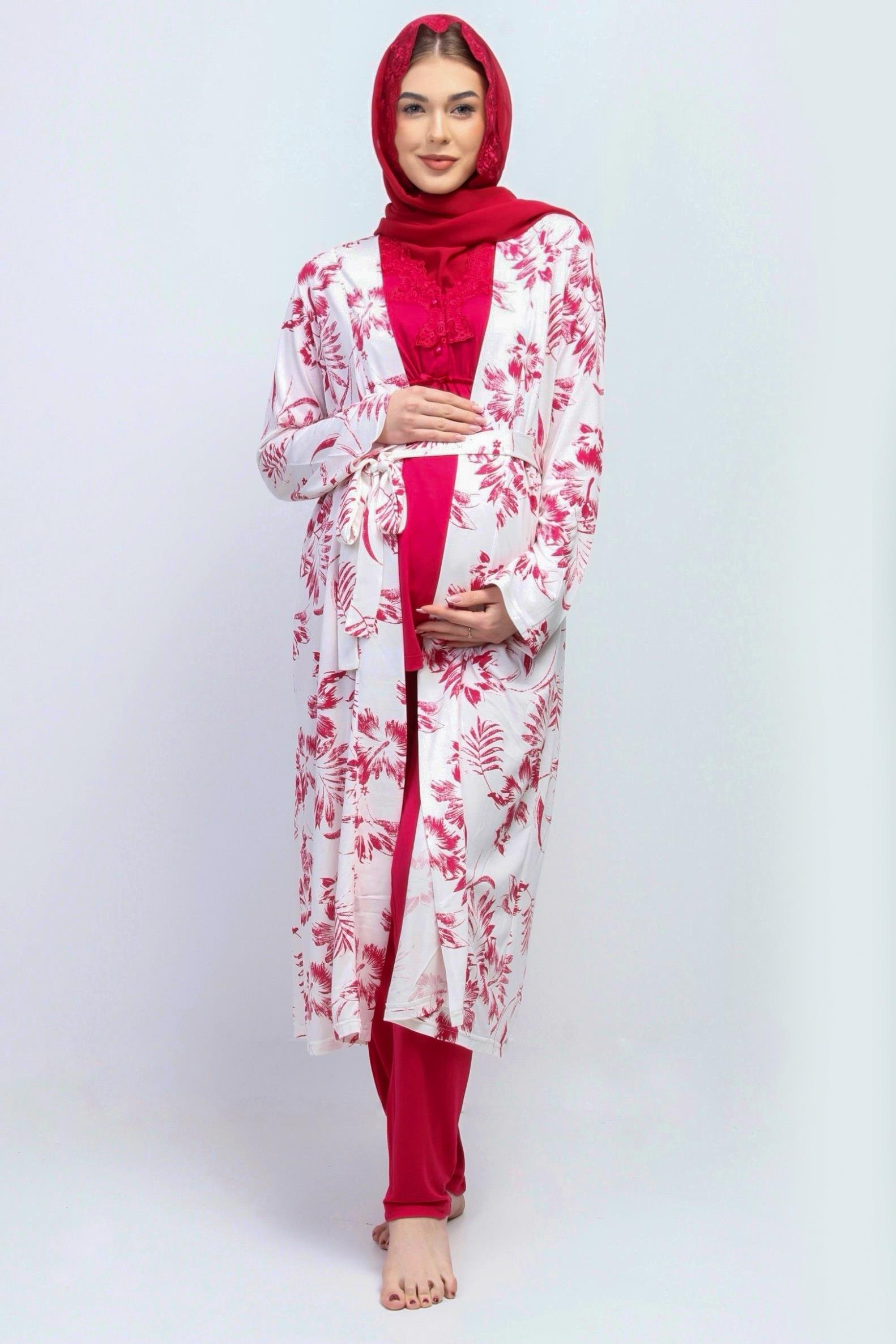 Effortt 28094 Vişne Tesettürlü Sabahlıklı Lohusa Pijama Takımı