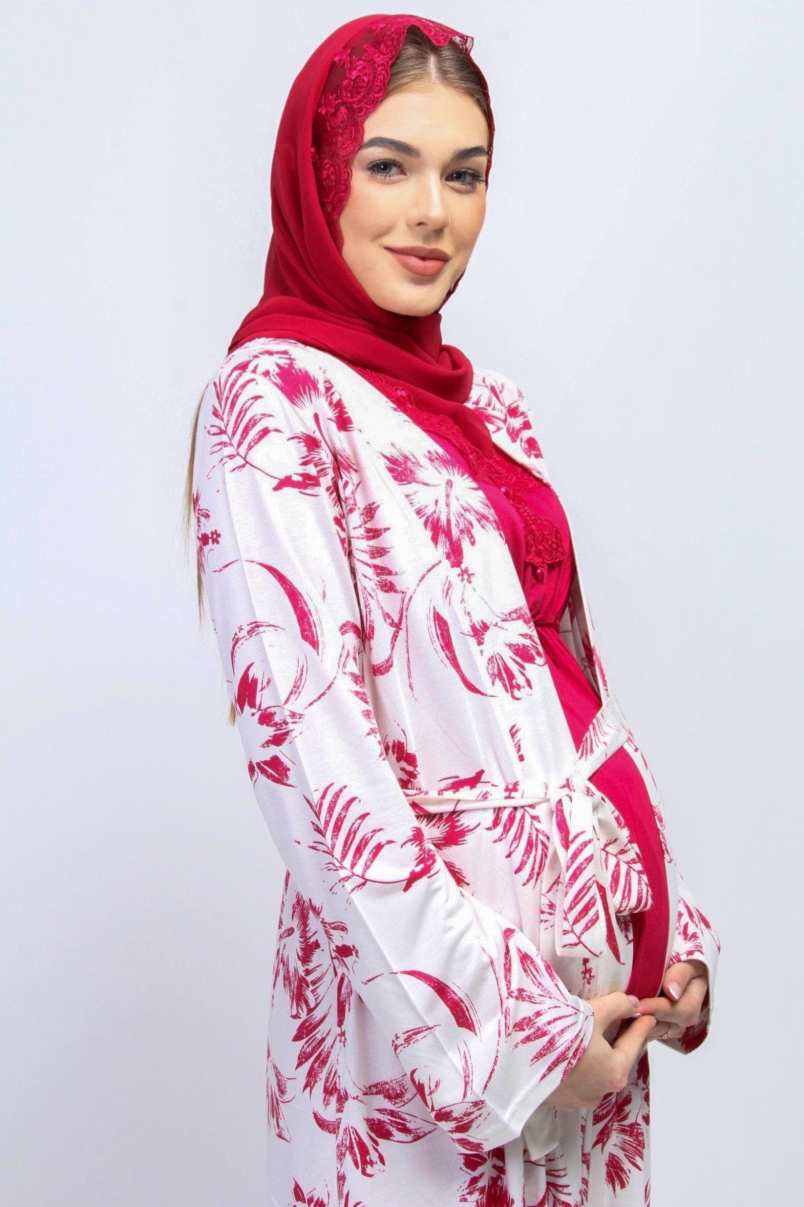 Effortt 28094 Vişne Tesettürlü Sabahlıklı Lohusa Pijama Takımı