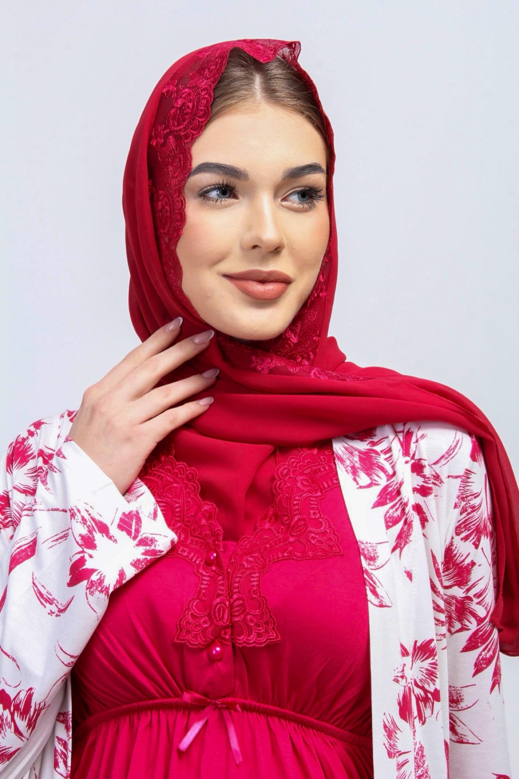 Effortt 28094 Vişne Tesettürlü Sabahlıklı Lohusa Pijama Takımı