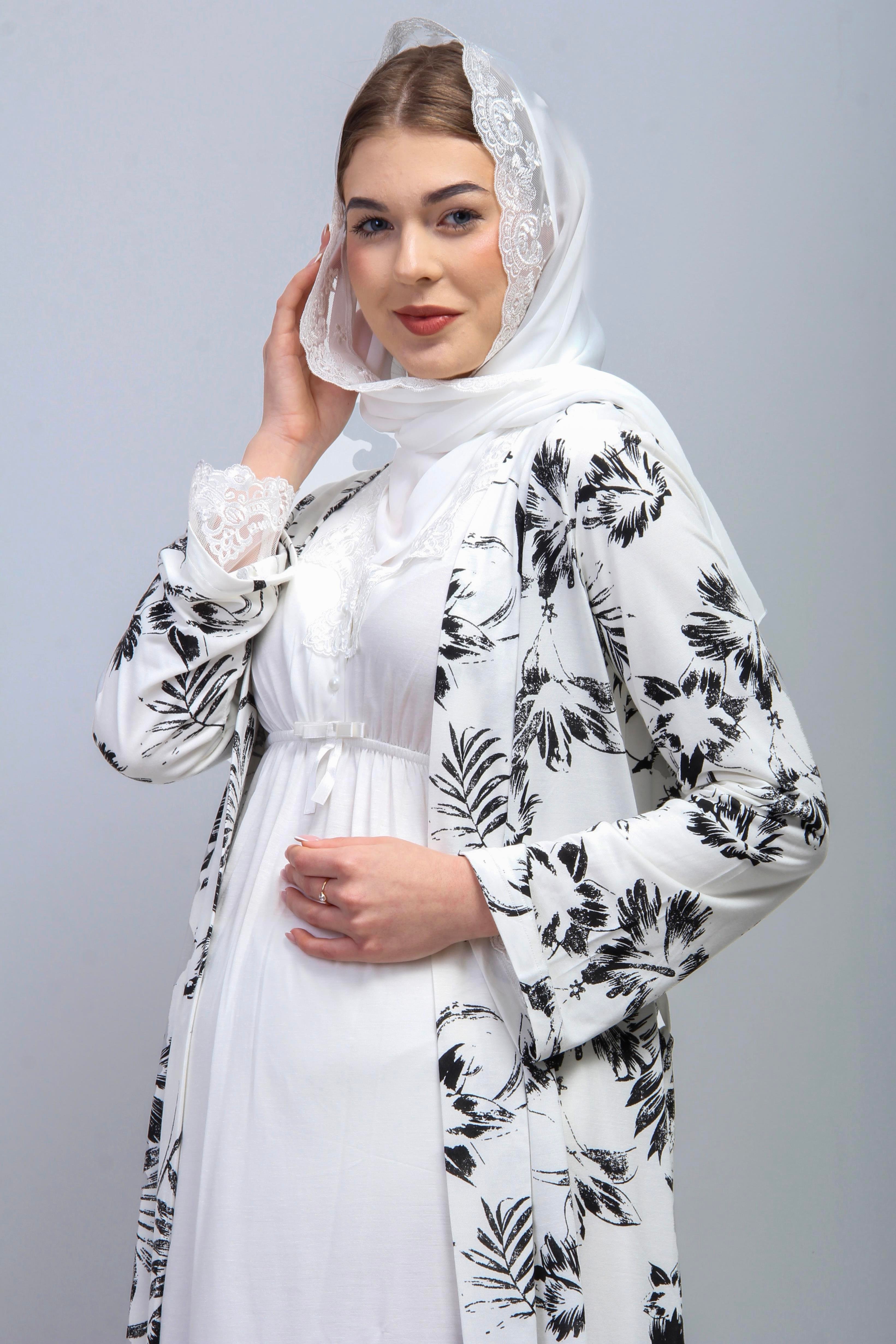 Effortt 28095 Ekru Tesettürlü Sabahlıklı Lohusa Gecelik Takım