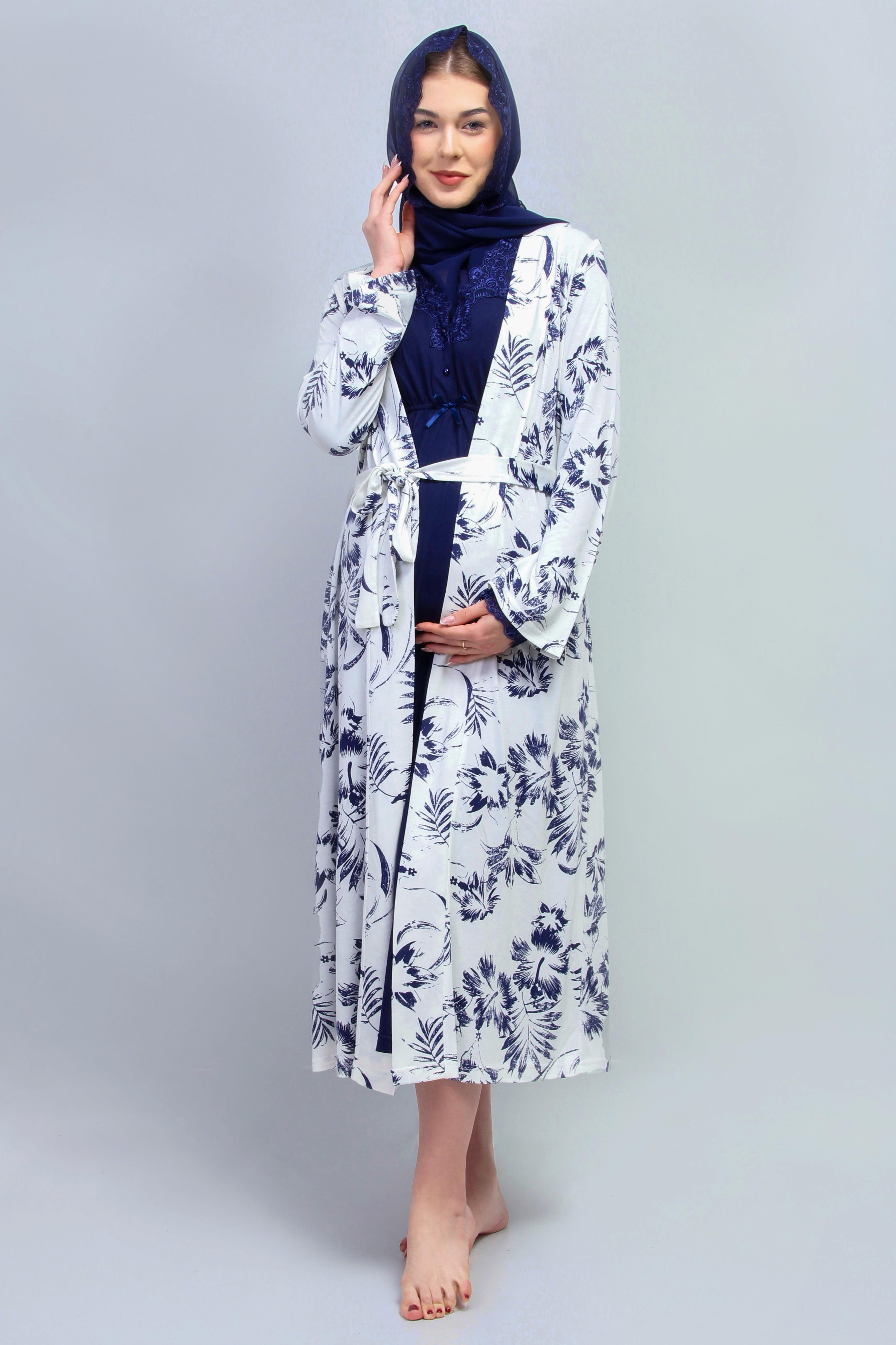 Effortt 28095 Lacivert Tesettürlü Sabahlıklı Lohusa Gecelik Takım