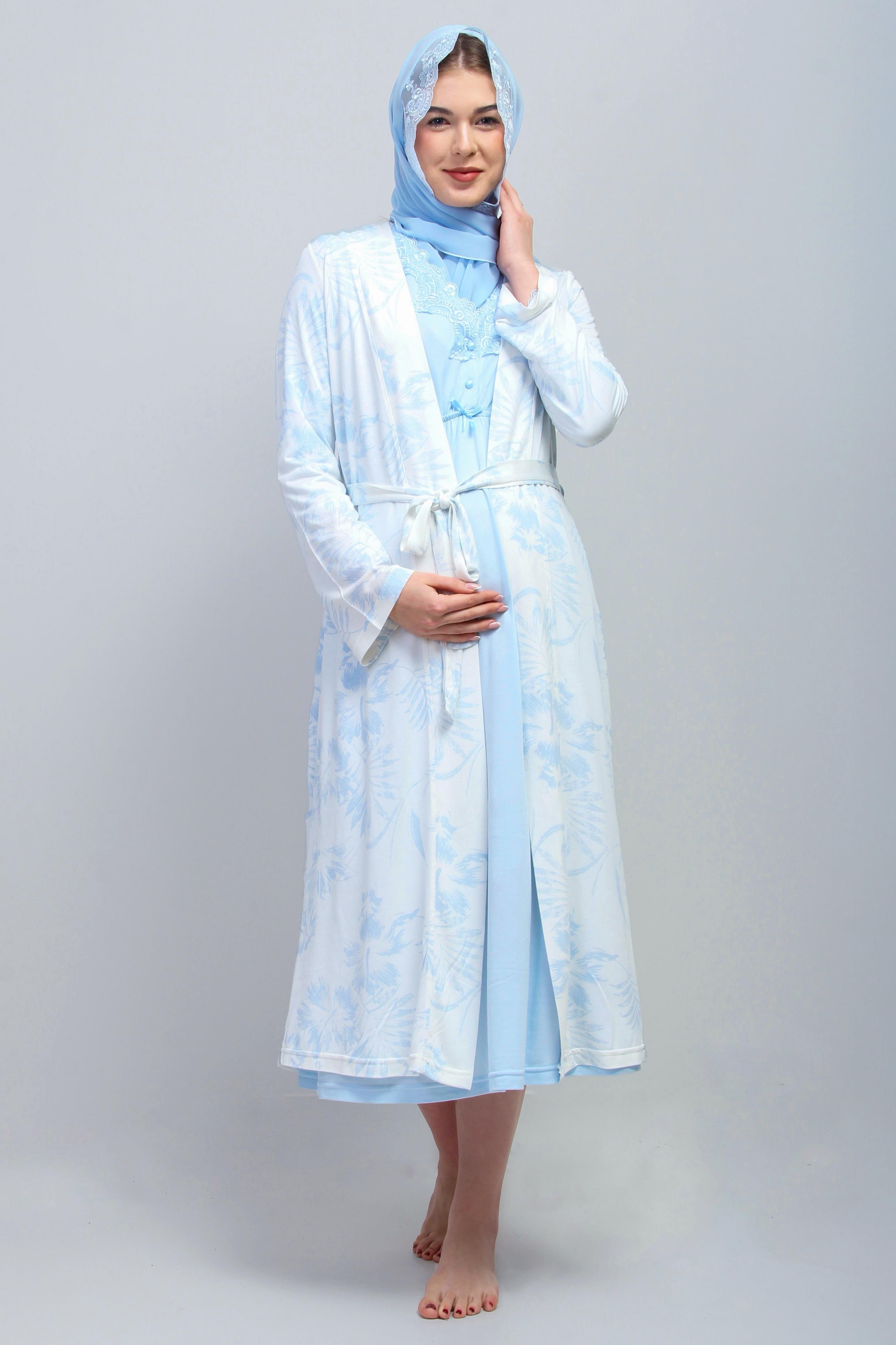 Effortt 28095 Mavi Tesettürlü Sabahlıklı Lohusa Gecelik Takım