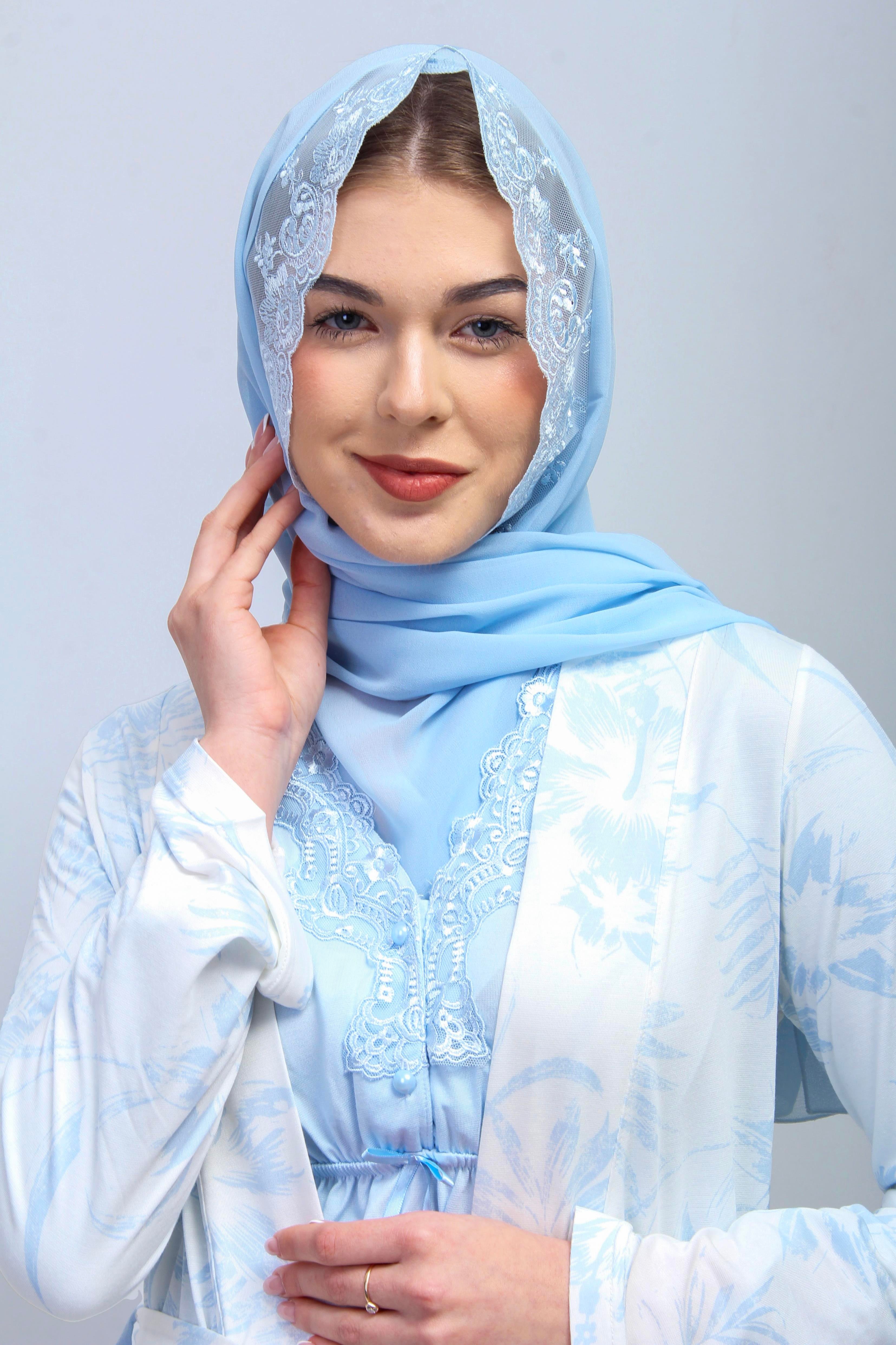 Effortt 28095 Mavi Tesettürlü Sabahlıklı Lohusa Gecelik Takım