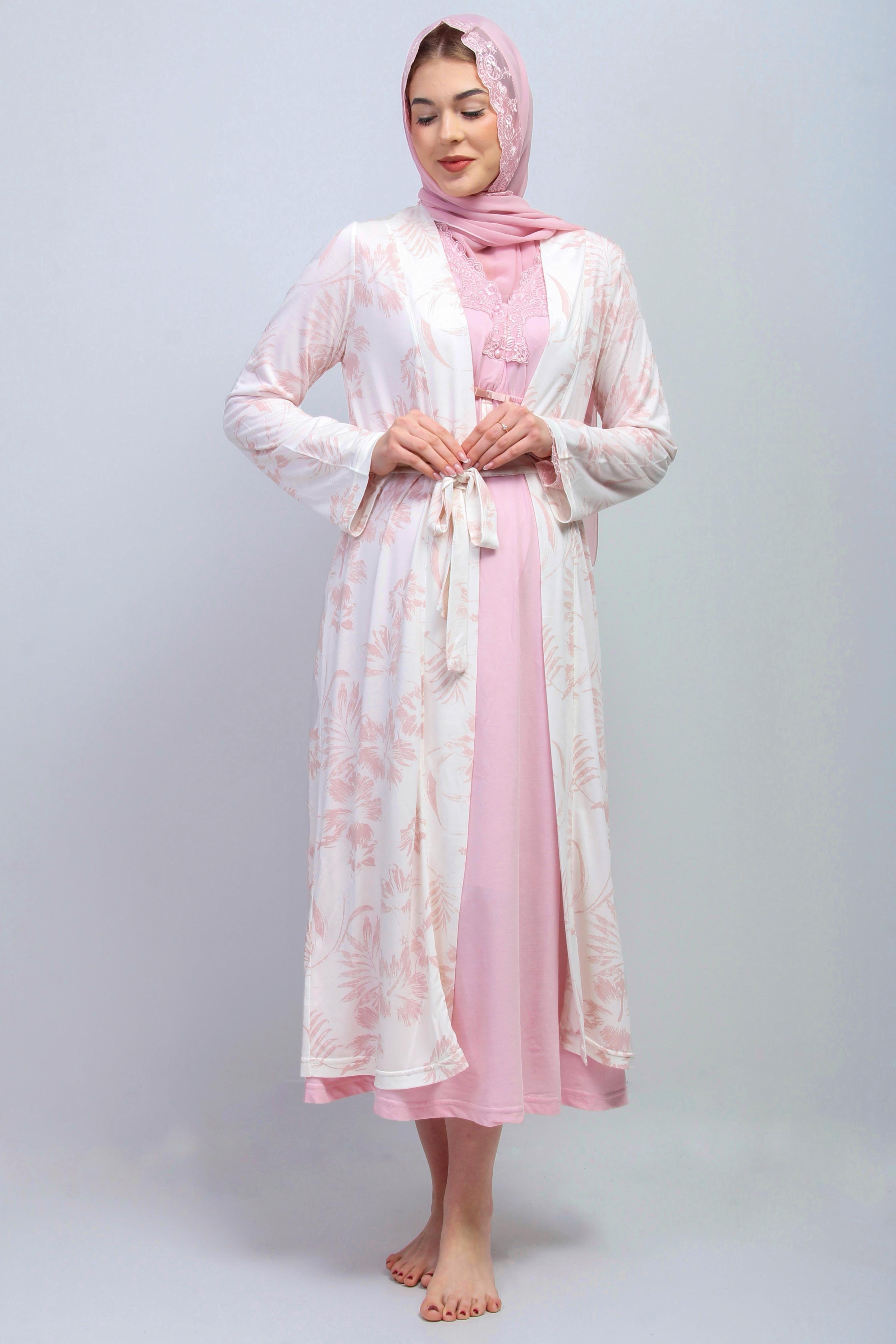 Effortt 28095 Pembe Tesettürlü Sabahlıklı Lohusa Gecelik Takım