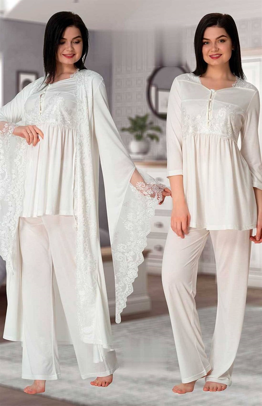 Effortt 3015 Ekru Sabahlıklı Lohusa Pijama Takımı