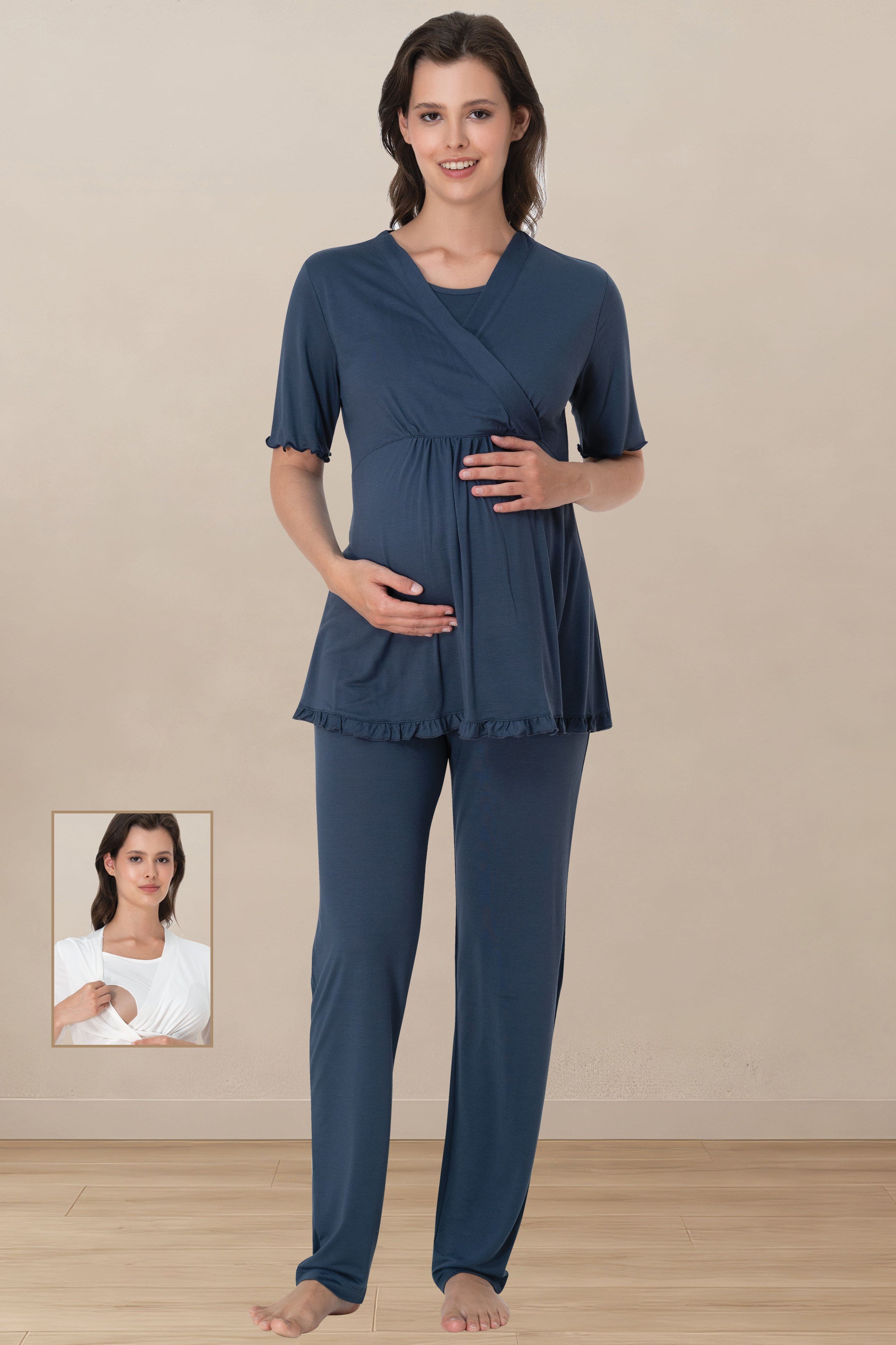Effortt 3032 İndigo Kısa Kol Pamuklu Emzirme Detaylı Hamile Lohusa Pijama Takımı