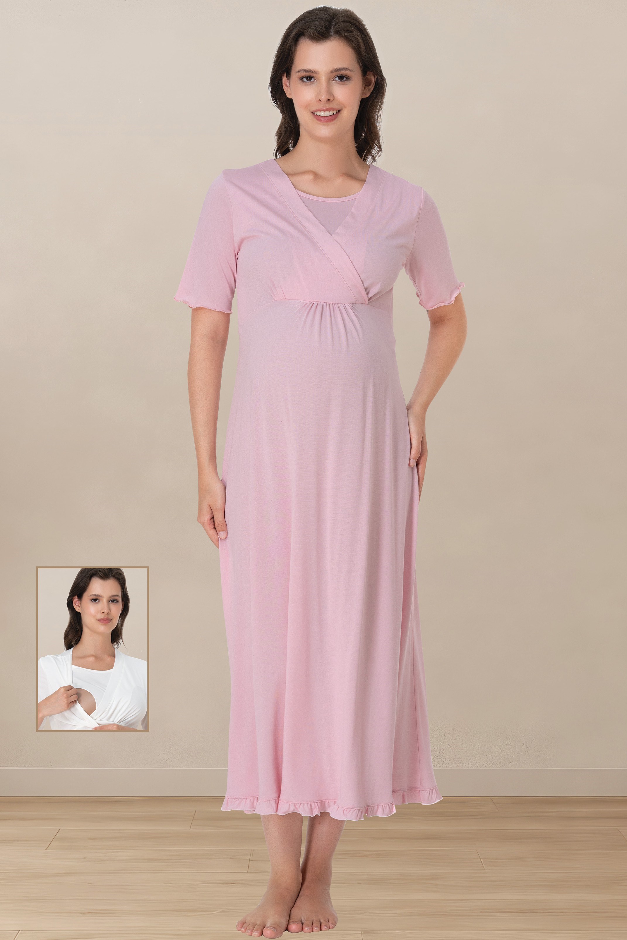 Effortt 3033 Pembe Emzirme Özellikli Pamuklu Kısa Kol Hamile Gecelik