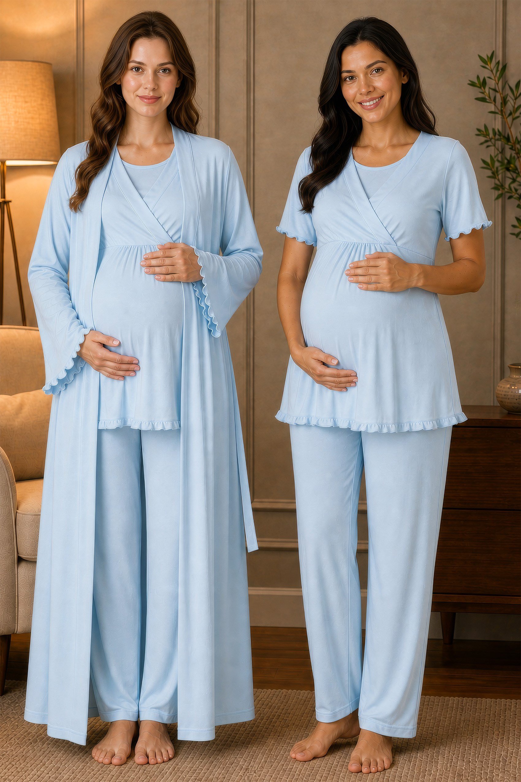 Effortt 3034 Mavi Yumuşak Dokulu Pamuklu Sabahlıklı Hamile Lohusa Pijama Takımı