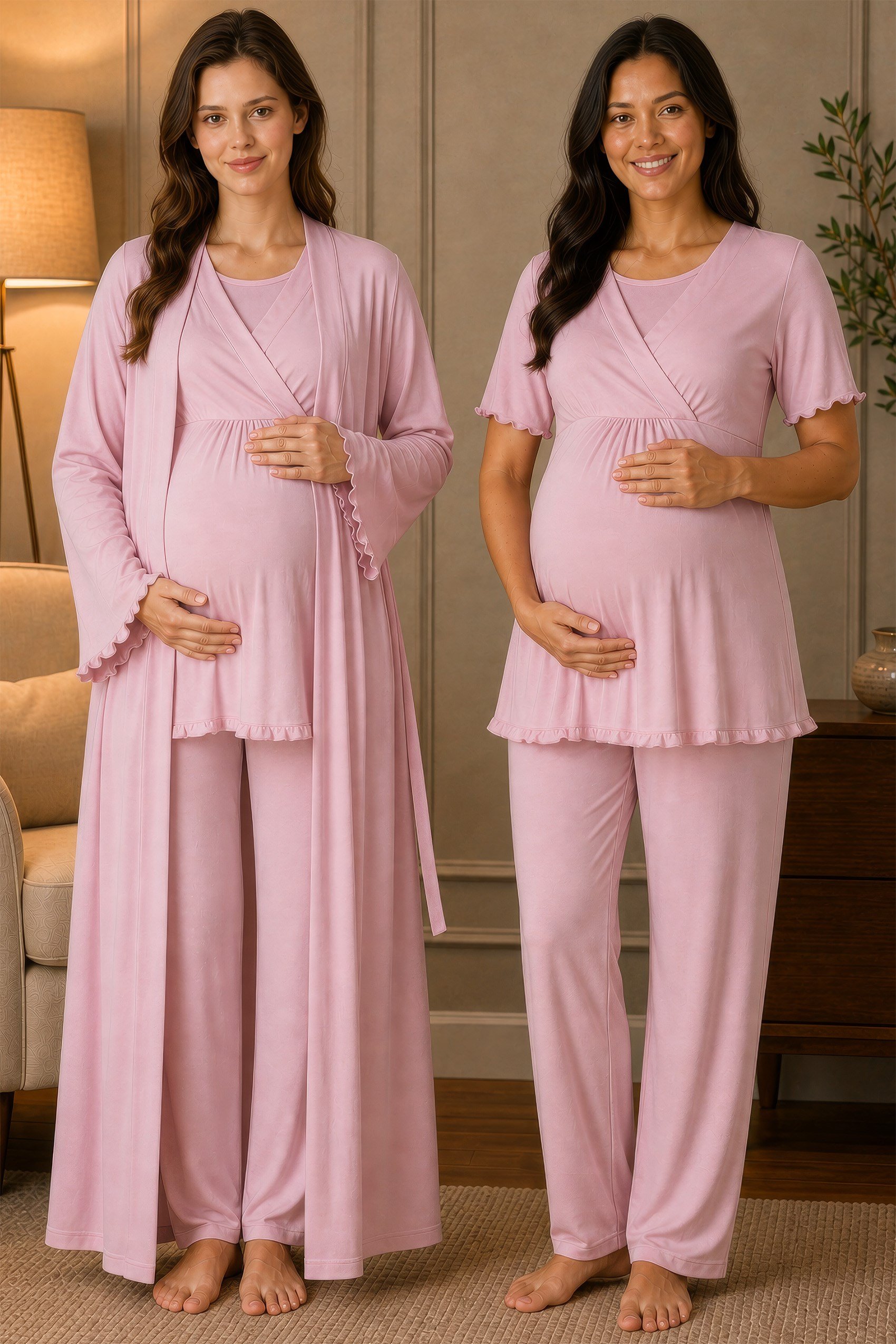 Effortt 3034 Pembe Yumuşak Dokulu Pamuklu Sabahlıklı Hamile Lohusa Pijama Takımı