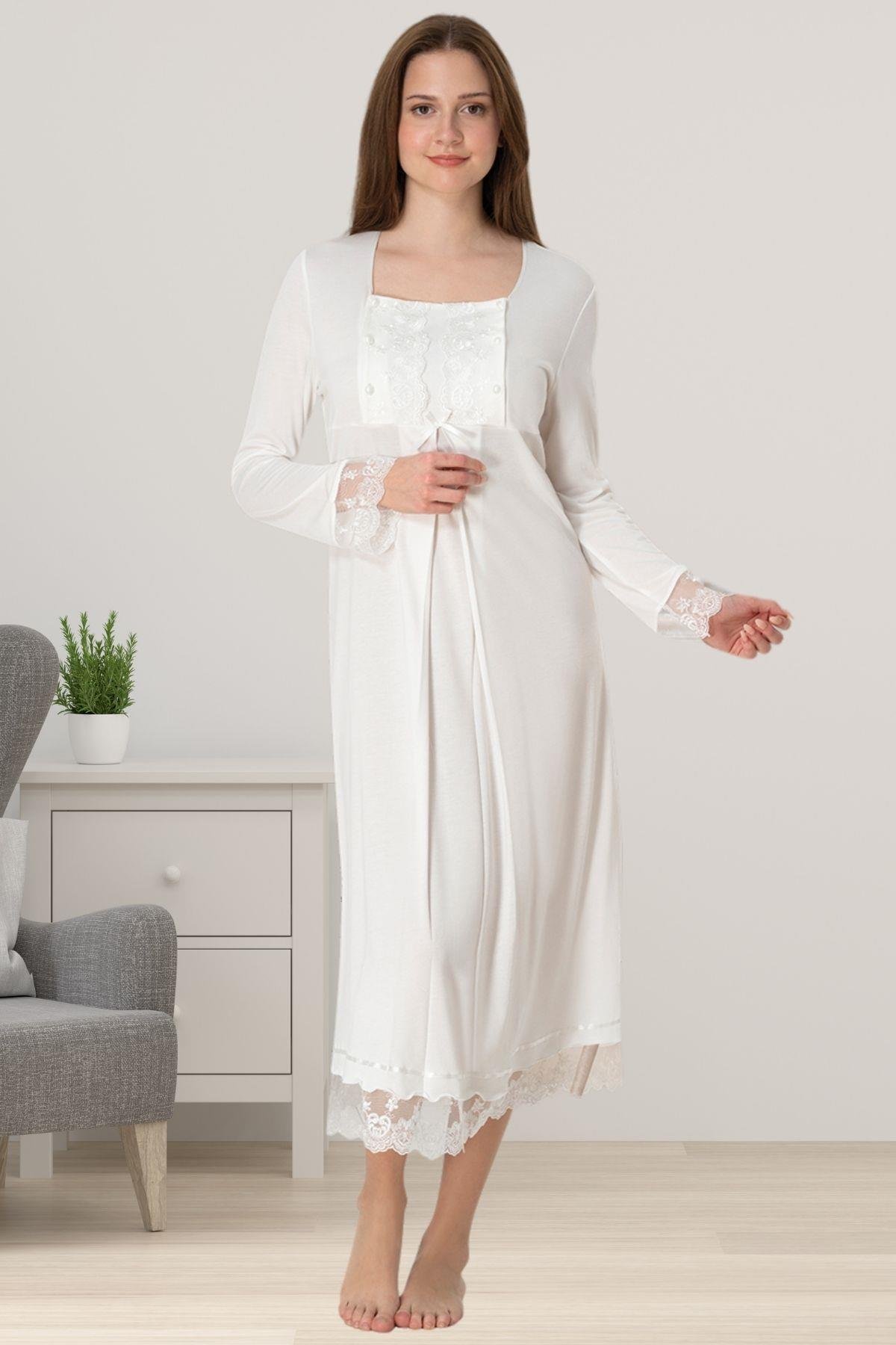 Effortt 3043 Ekru Dantelli Hamile Lohusa Gecelik