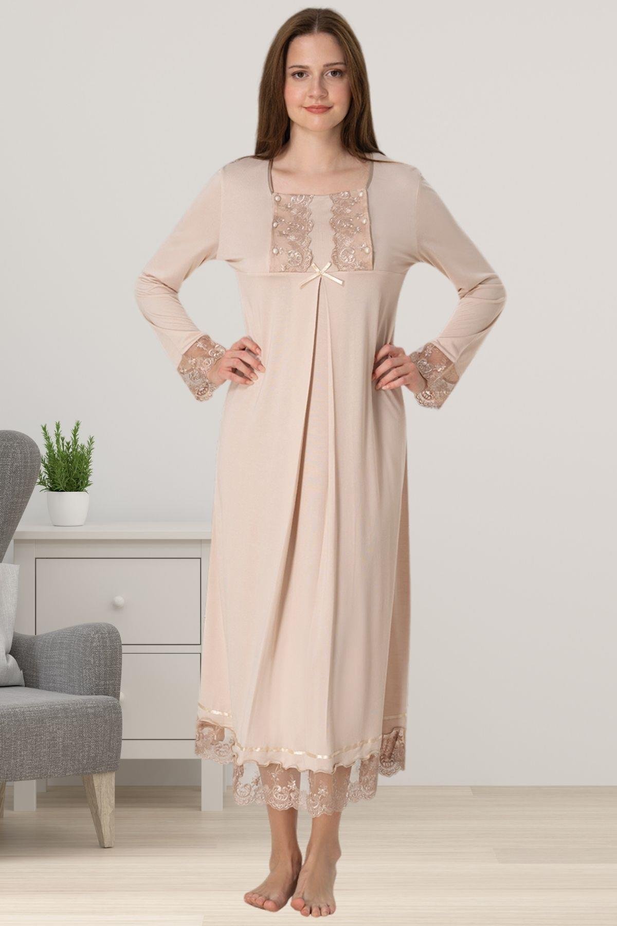 Effortt 3043 Kahverengi Dantelli Hamile Lohusa Gecelik