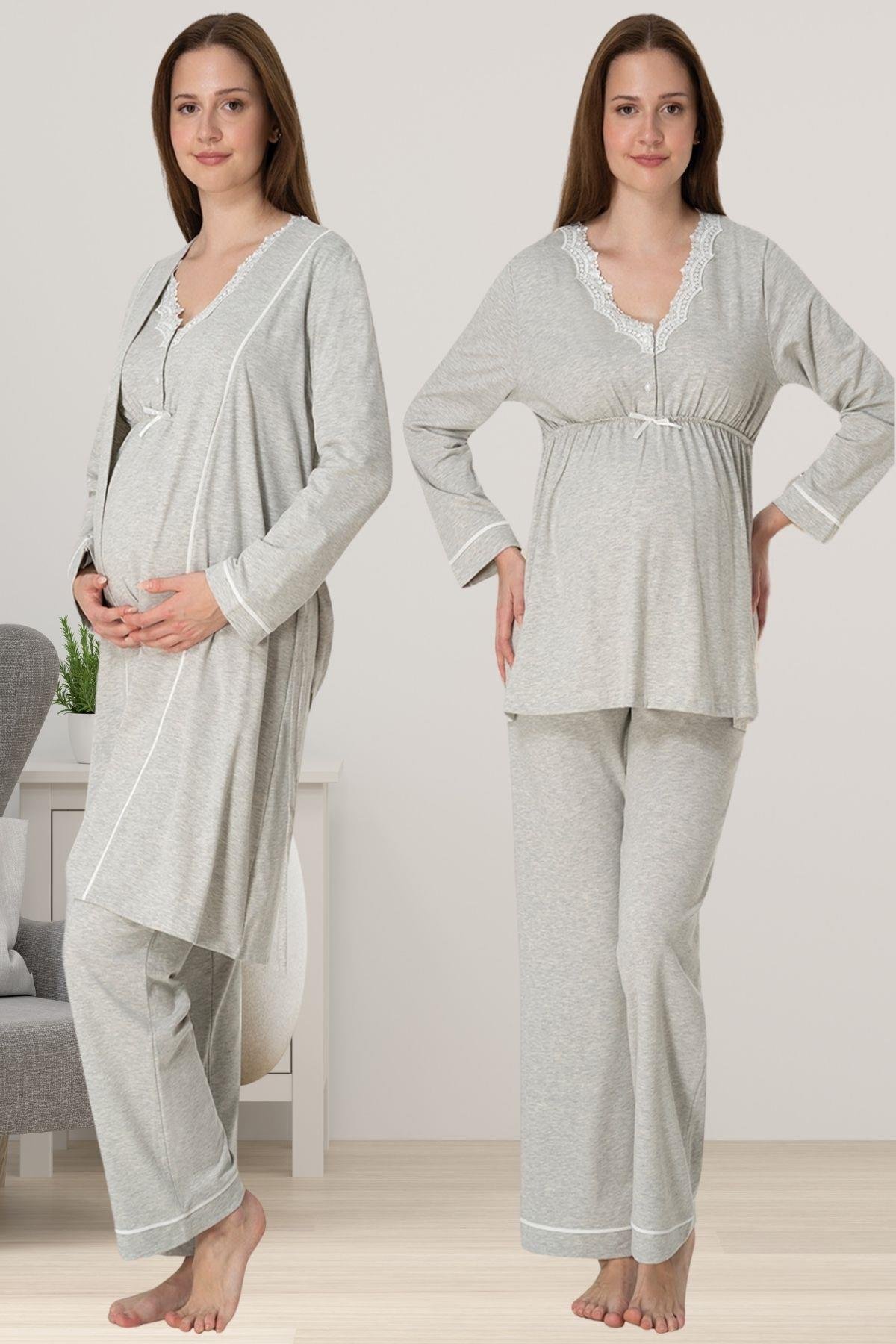 Effortt 3054 Gri Sabahlıklı Hamile Lohusa Pijama Takımı