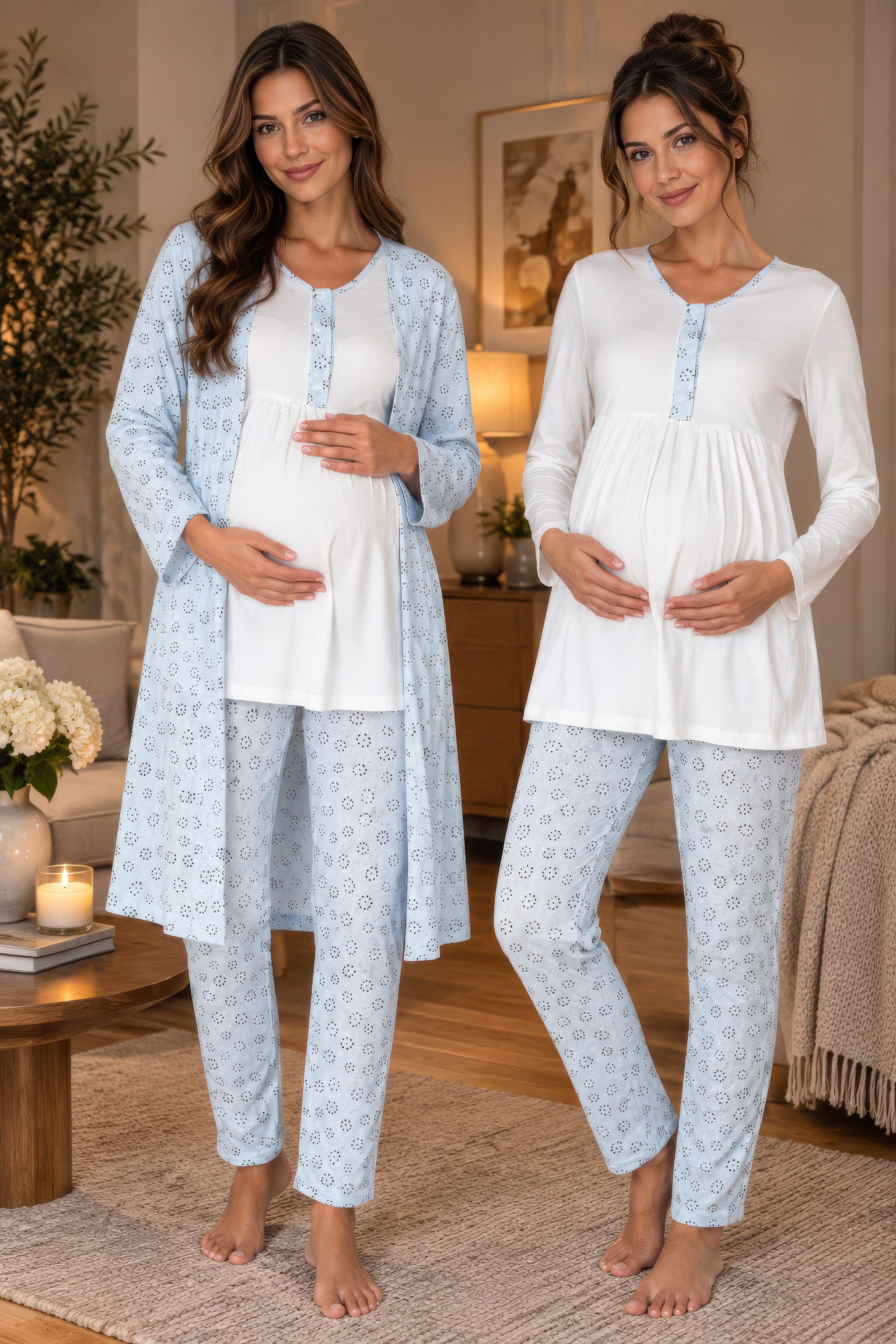 Effortt 3064 Mavi Ayarlanabilir Bel Lastikli Sabahlıklı Hamile Lohusa Pijama Takımı