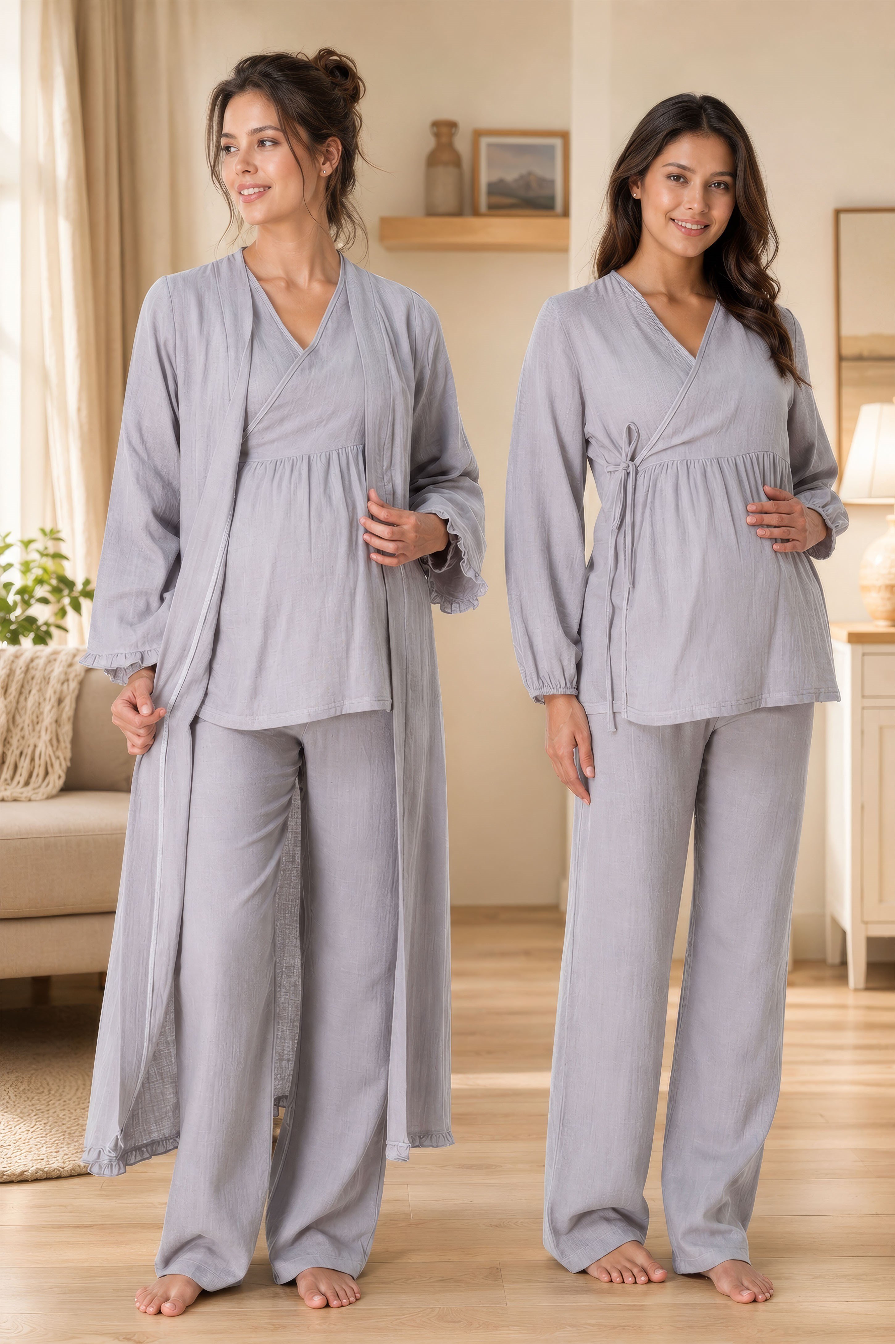 Effortt 3088 Gri Rahat Kesim Müslin Kumaş Emzirme Özellikli Sabahlıklı Hamile Lohusa Pijama Takımı