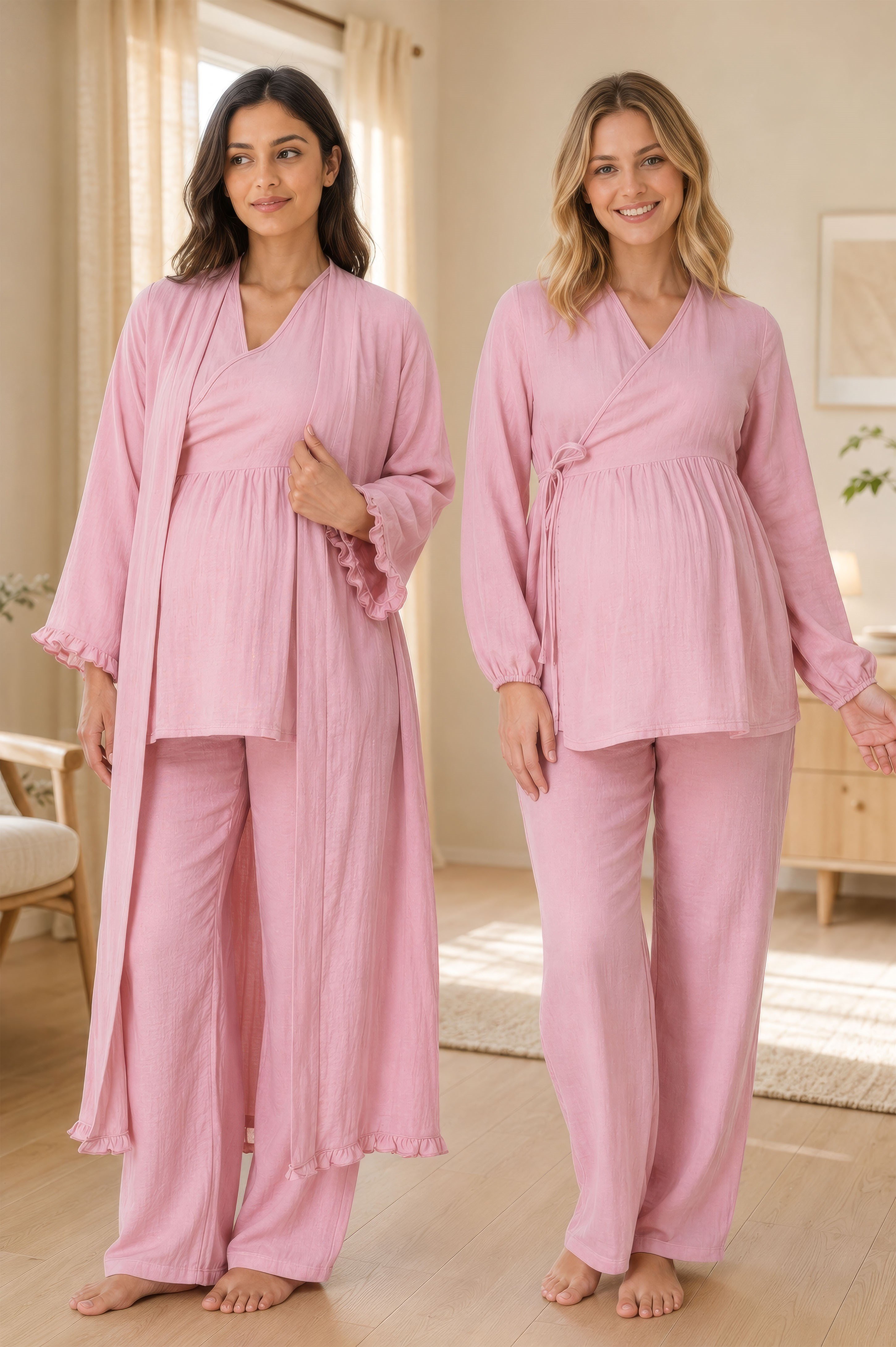 Effortt 3088 Pembe Rahat Kesim Müslin Kumaş Emzirme Özellikli Sabahlıklı Hamile Lohusa Pijama Takımı
