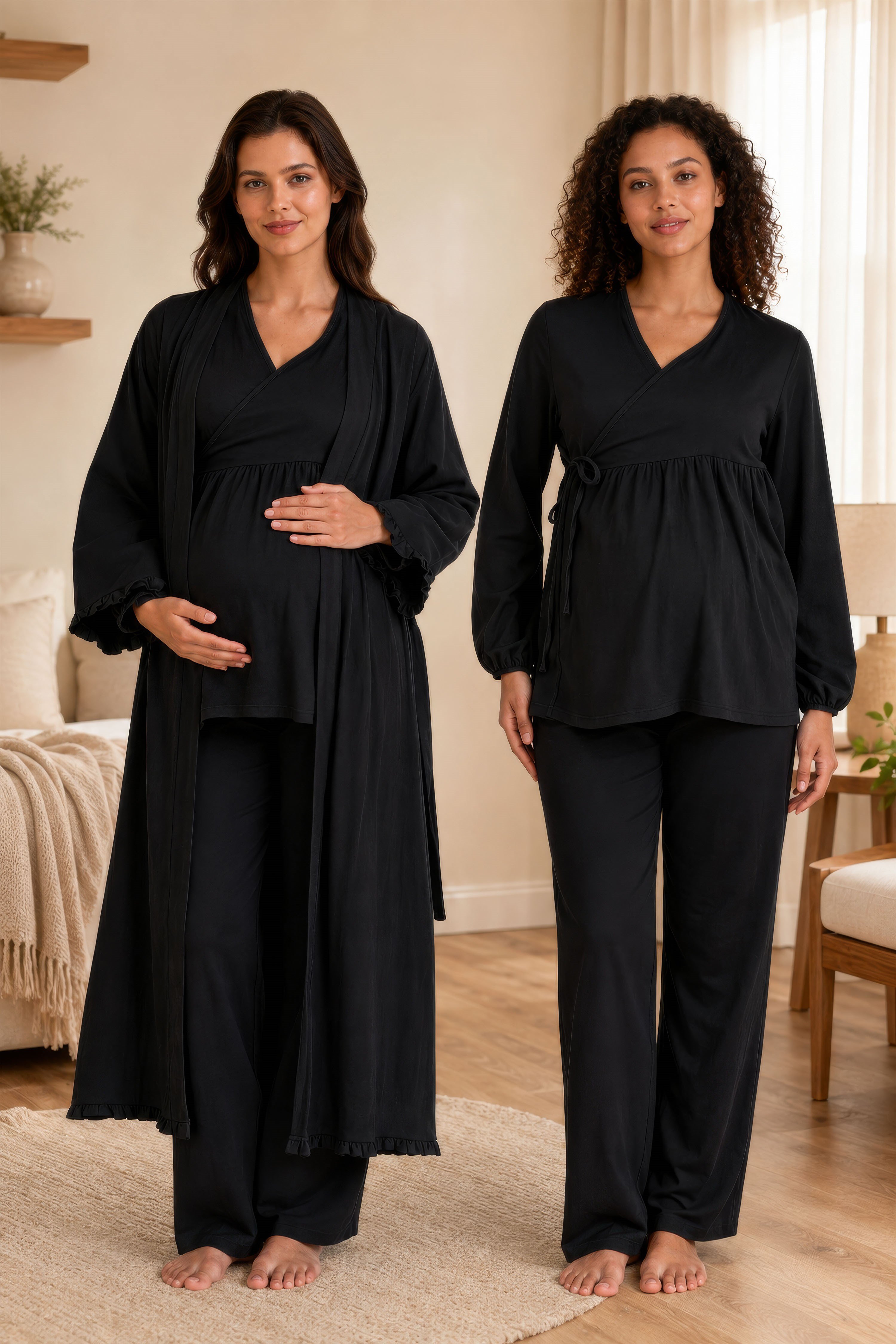 Effortt 3088 Siyah Rahat Kesim Müslin Kumaş Emzirme Özellikli Sabahlıklı Hamile Lohusa Pijama Takımı