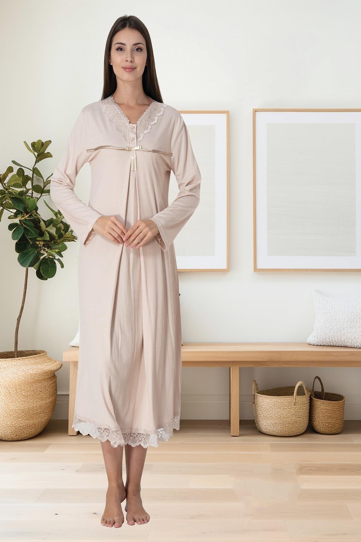 Effortt 4033 Kahverengi Dantelli Lohusa Gecelik