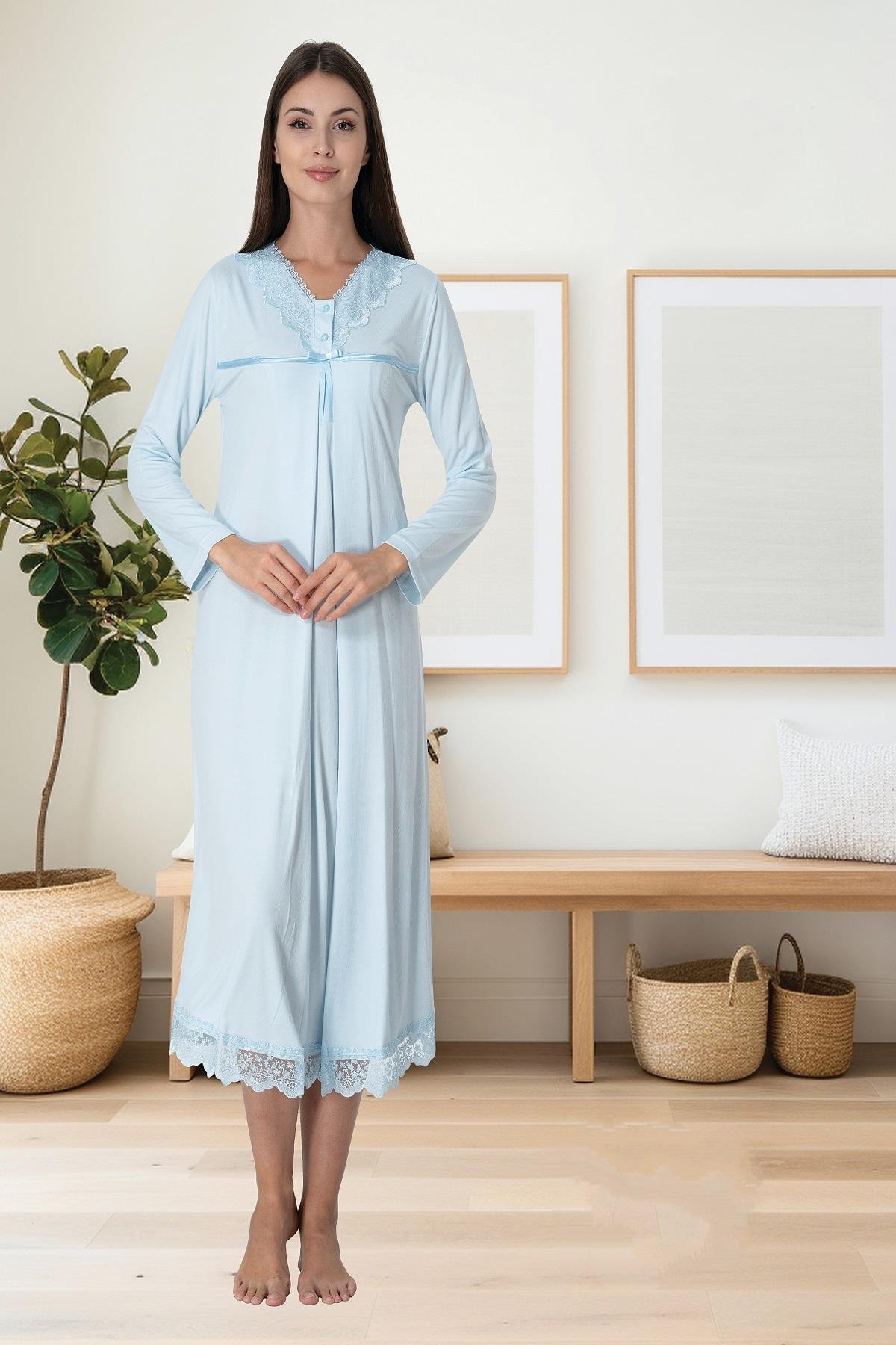 Effortt 4033 Mavi Dantelli Lohusa Gecelik