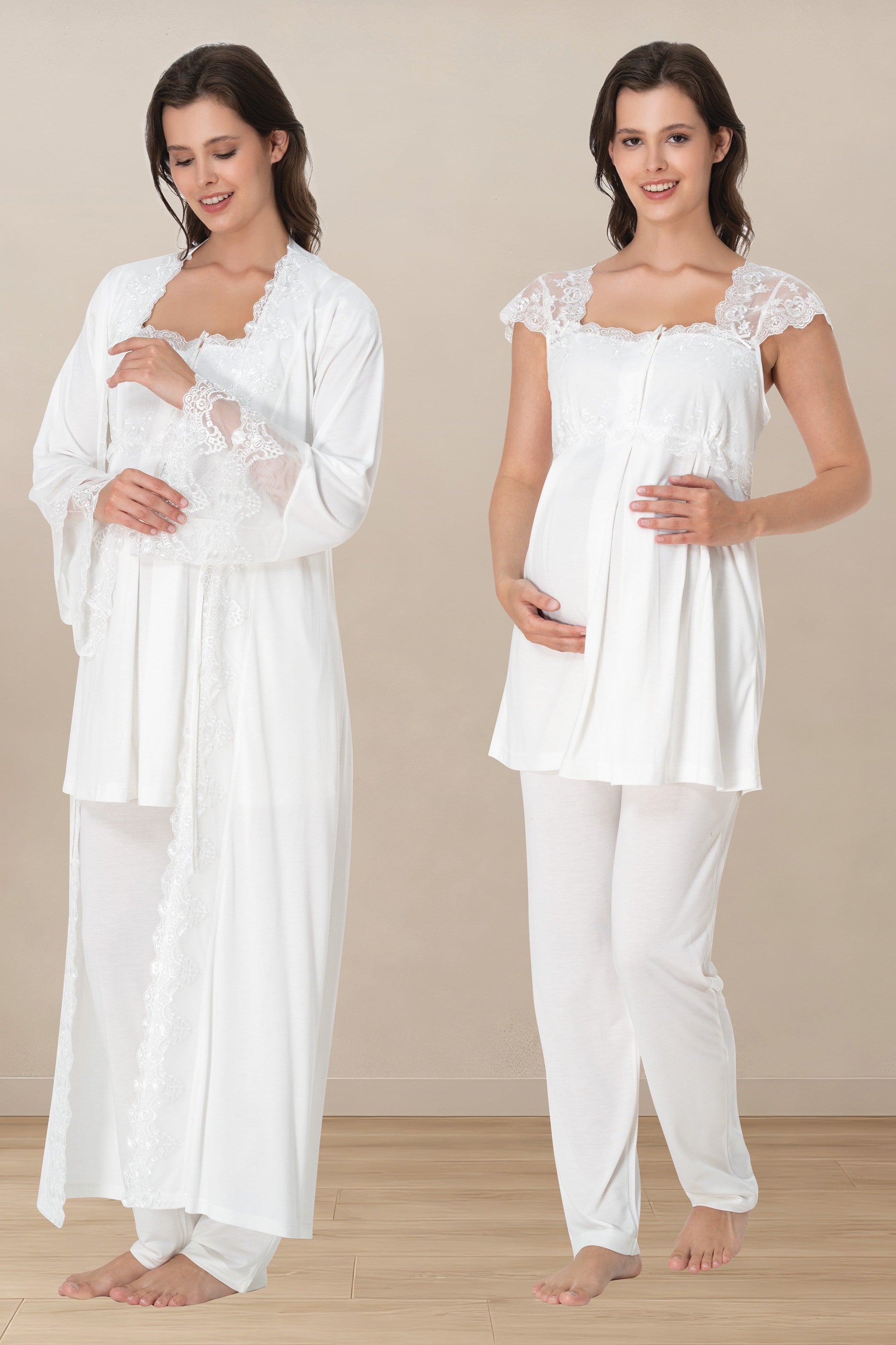 Effortt 4064 Ekru Emzirme Özellikli Dantel Detaylı Sabahlıklı Hamile Lohusa Pijama Takımı