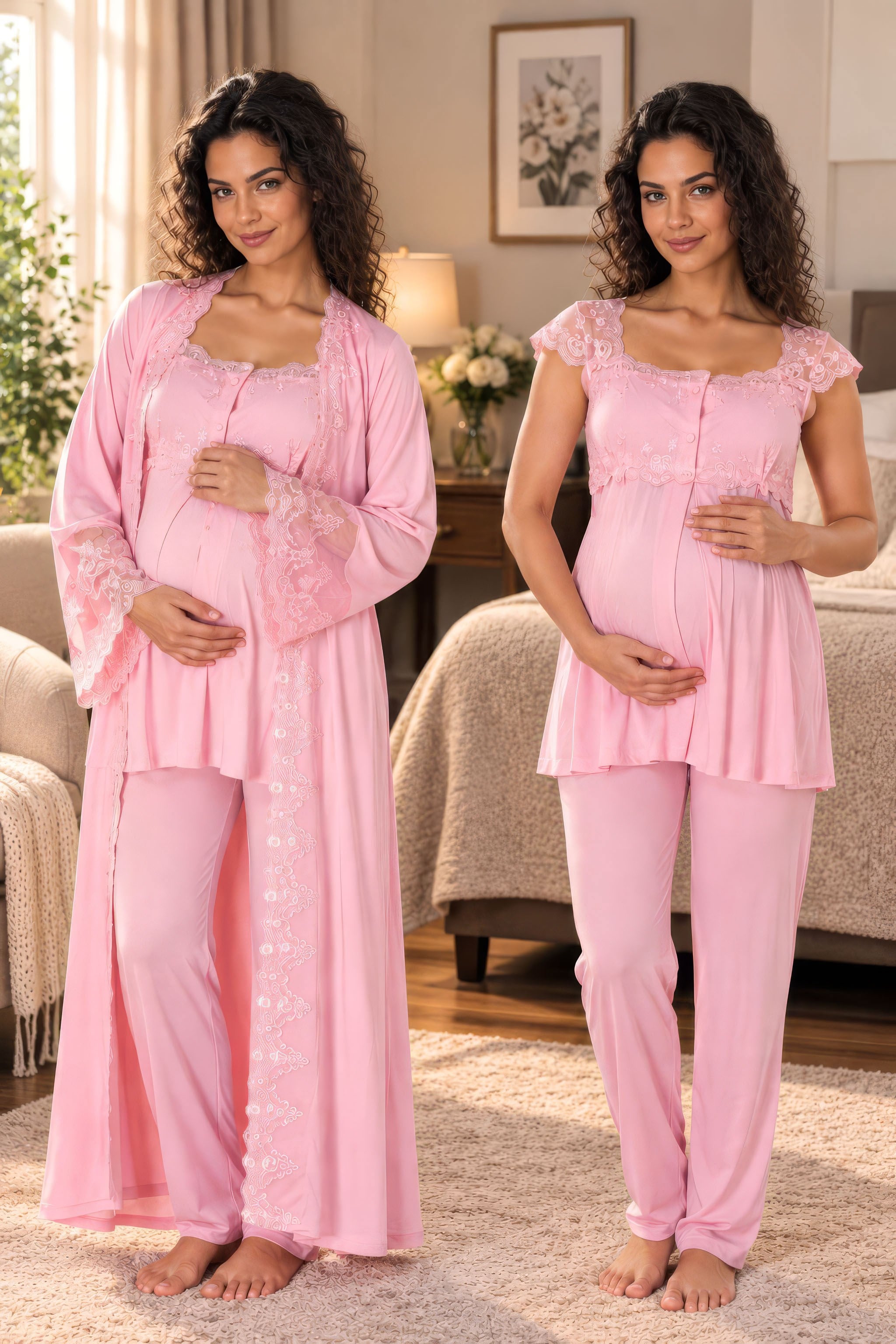 Effortt 4064 Pudra Emzirme Özellikli Dantel Detaylı Sabahlıklı Hamile Lohusa Pijama Takımı