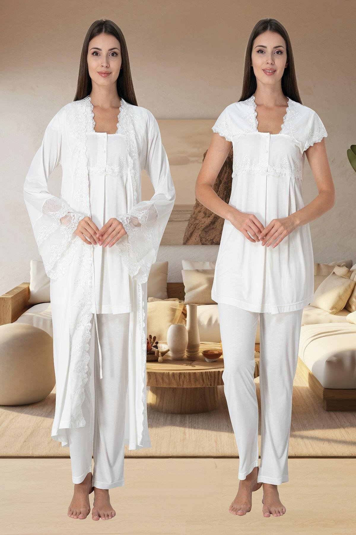 Effortt 5011 Ekru Sabahlıklı Lohusa Pijama Takımı