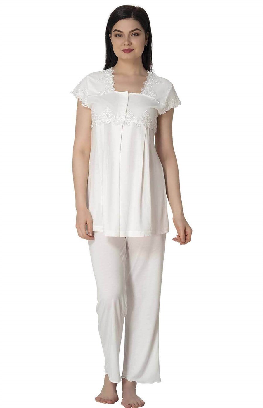 Effortt 5012 Ekru Dantelli Lohusa Pijama Takımı