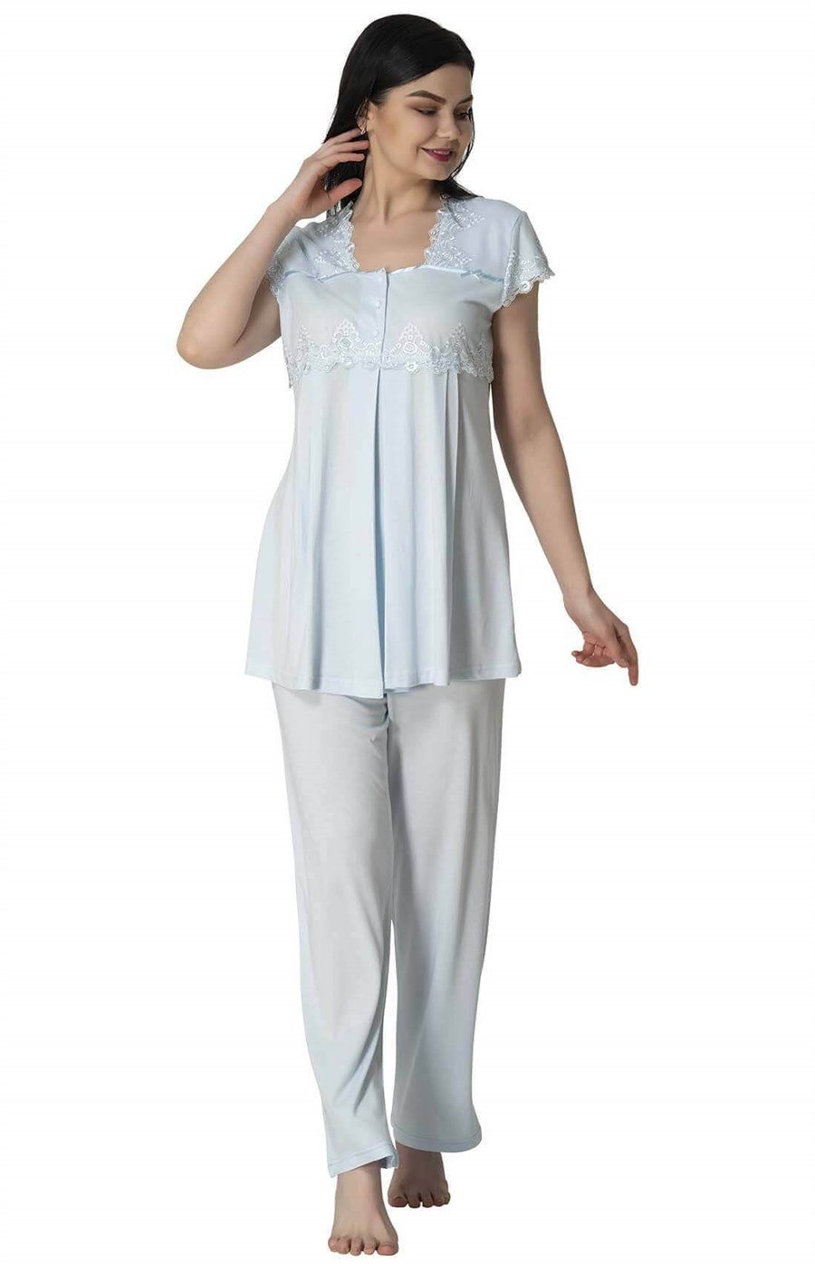 Effortt 5012 Mavi Dantelli Lohusa Pijama Takımı