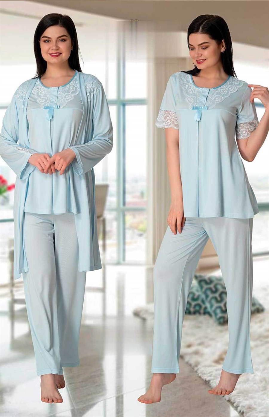 Effortt 5025 Mavi Sabahlıklı Lohusa Pijama Takımı