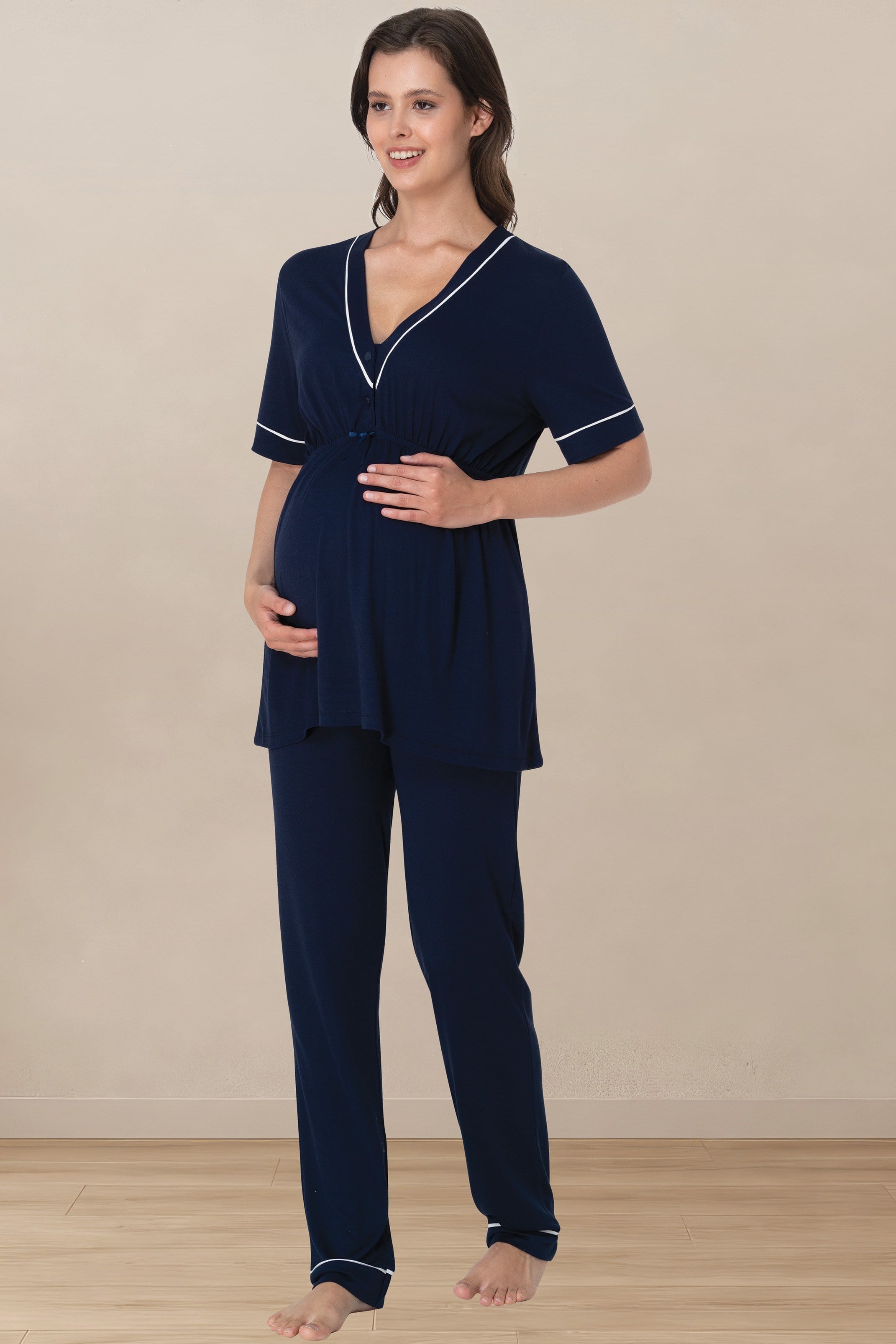 Effortt 5092 Lacivert Rahat Kalıp Kısa Kol Hamile Lohusa Pijama Takımı