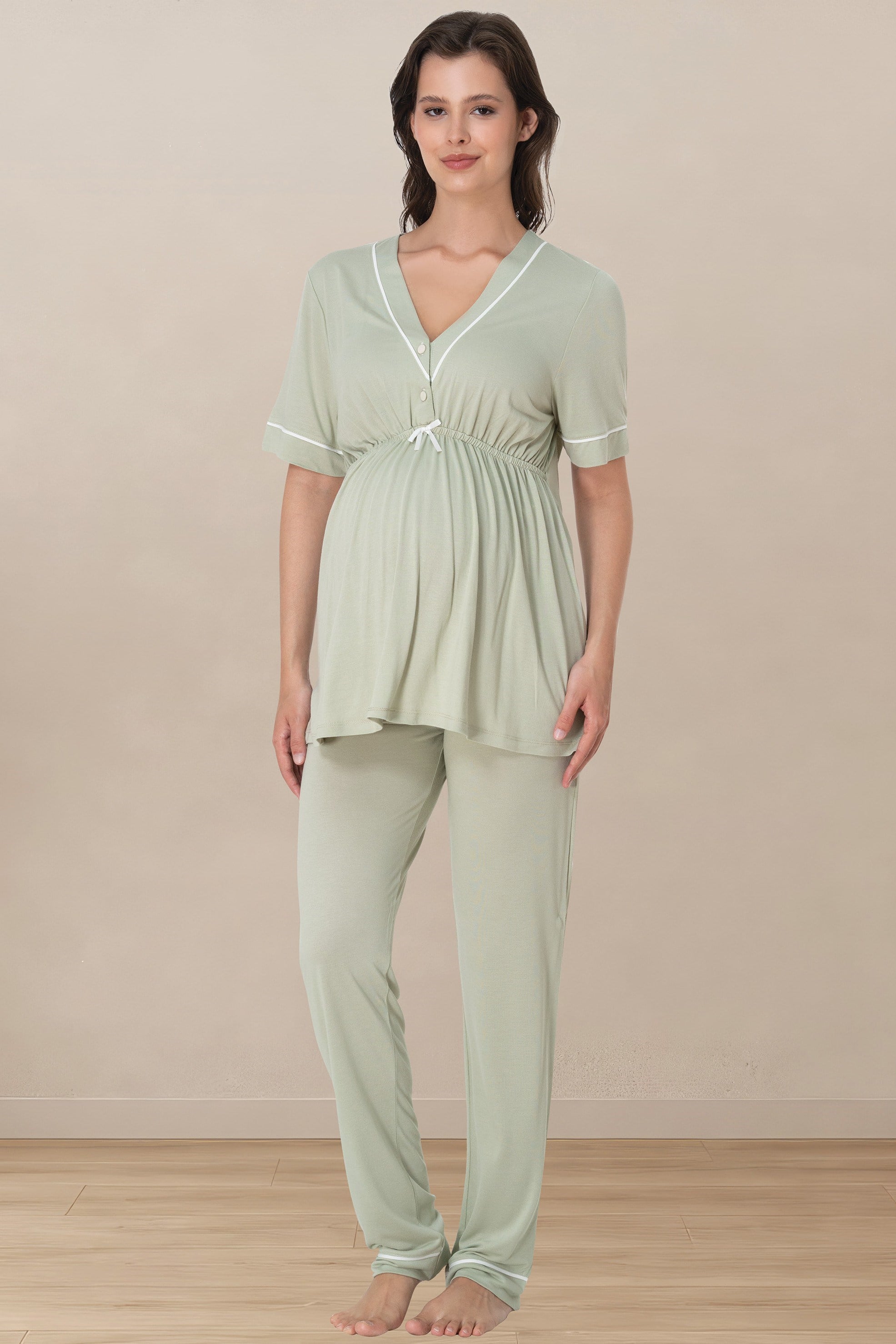 Effortt 5092 Yeşil Rahat Kalıp Kısa Kol Hamile Lohusa Pijama Takımı