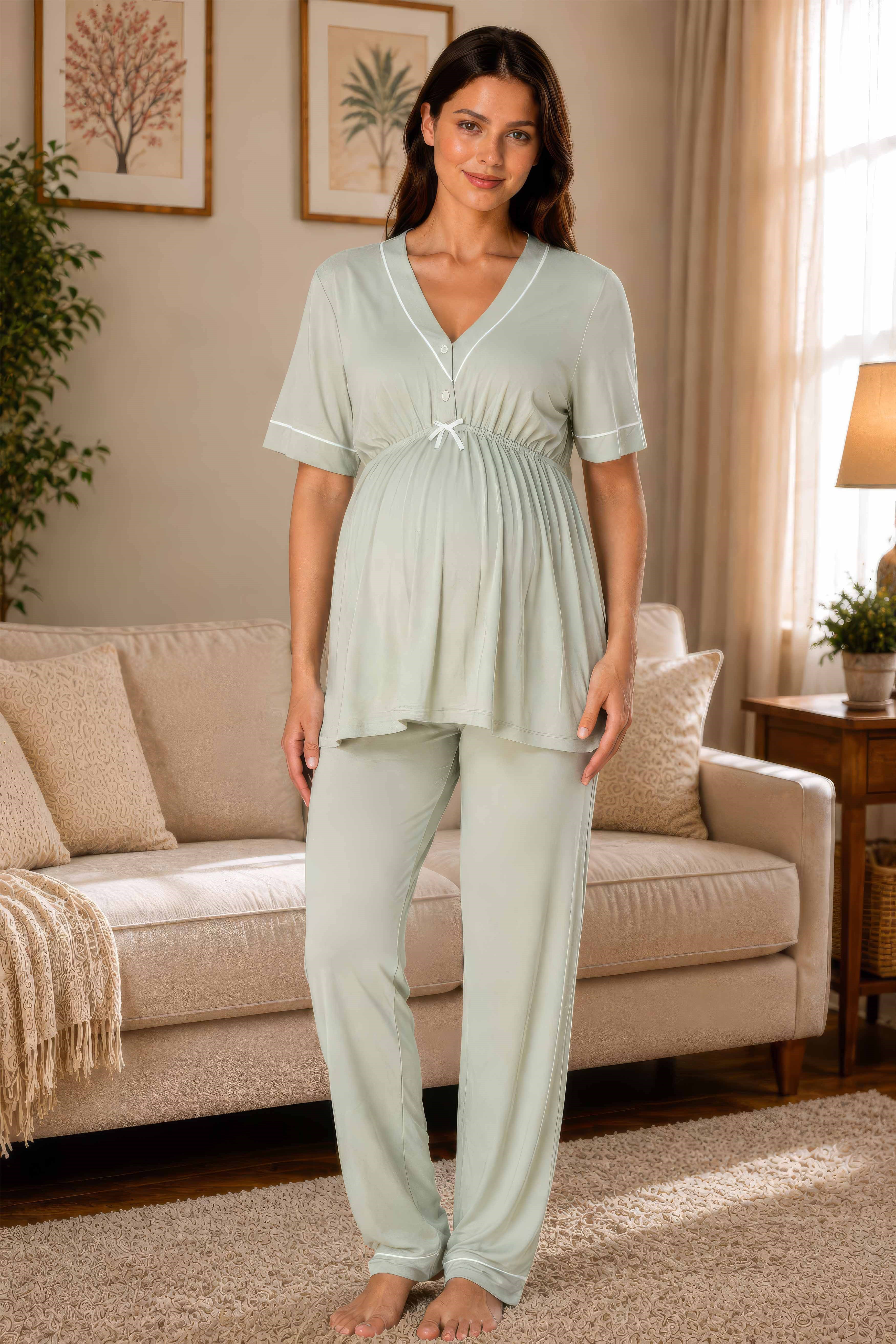 Effortt 5092 Yeşil Rahat Kalıp Kısa Kol Hamile Lohusa Pijama Takımı