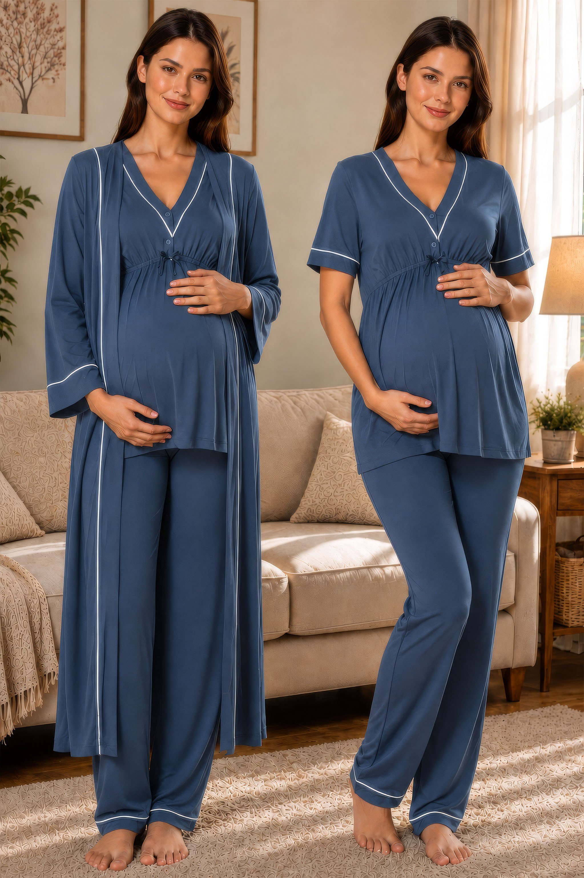 Effortt 5094 İndigo Pamuklu Sabahlıklı Hamile Lohusa Emzirme Pijama Takımı Ayarlanabilir Bel Lastikli