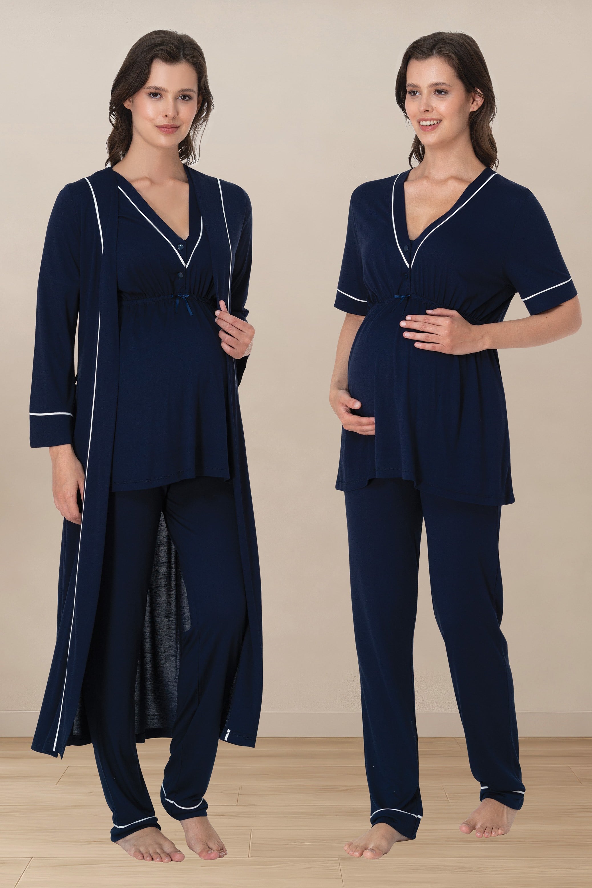 Effortt 5094 Lacivert Pamuklu Sabahlıklı Hamile Lohusa Emzirme Pijama Takımı Ayarlanabilir Bel Lastikli