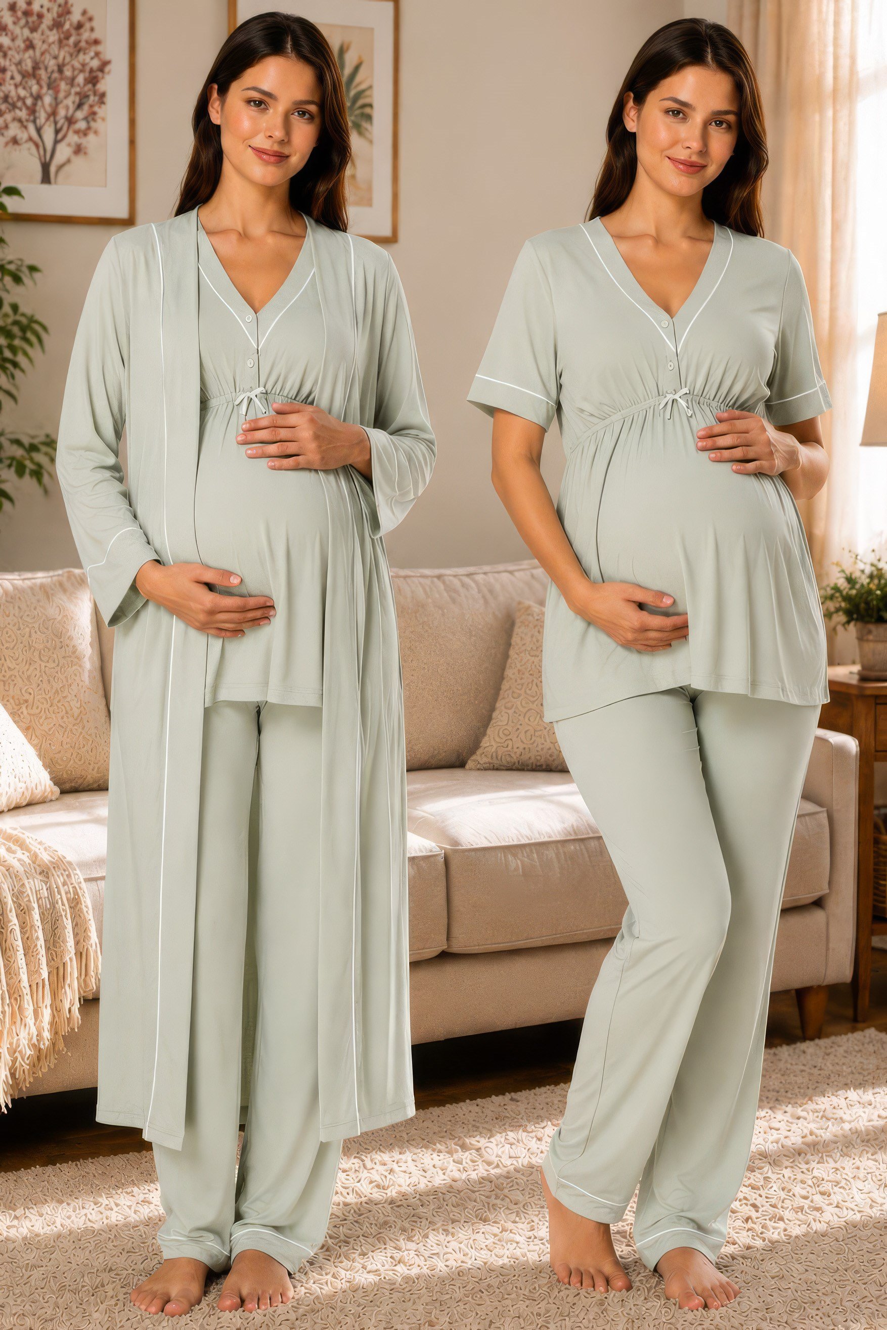 Effortt 5094 Yeşil Pamuklu Sabahlıklı Hamile Lohusa Emzirme Pijama Takımı Ayarlanabilir Bel Lastikli
