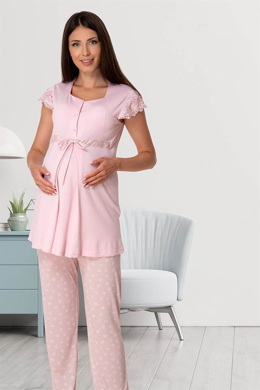 Effortt 6012 Pembe Dantelli Lohusa Pijama Takımı