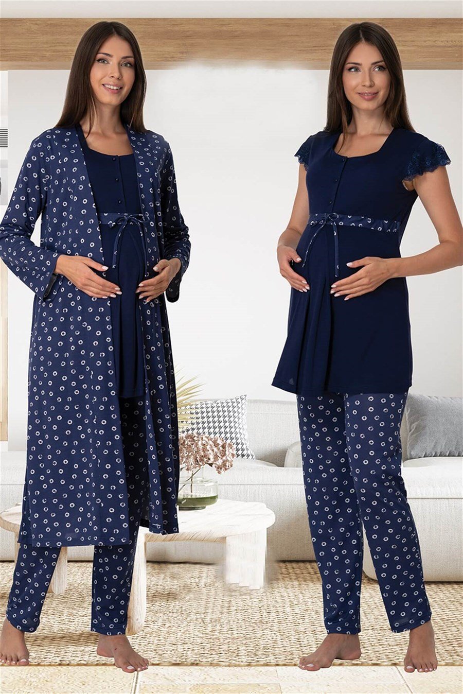 Effortt 6014 Lacivert Sabahlıklı Lohusa Pijama Takımı